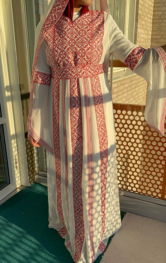 White and red beaded dress with shawl and belt