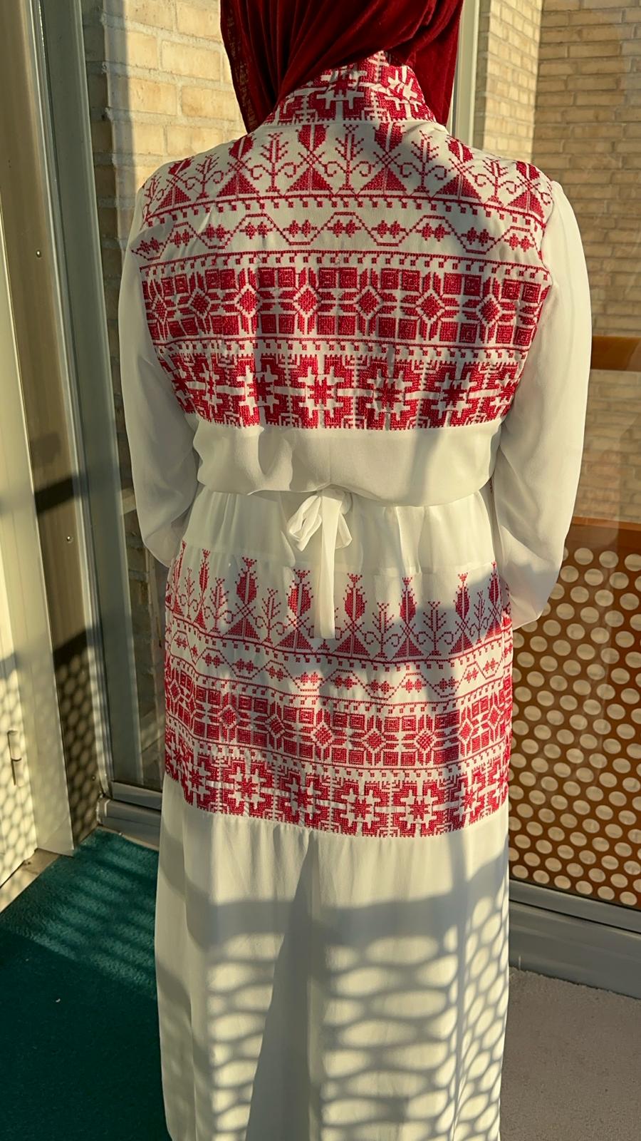 White Chiffon Abaya with Red  traditional embroidery #2