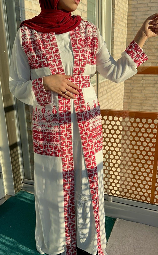 White Chiffon Abaya with Red  traditional embroidery #2