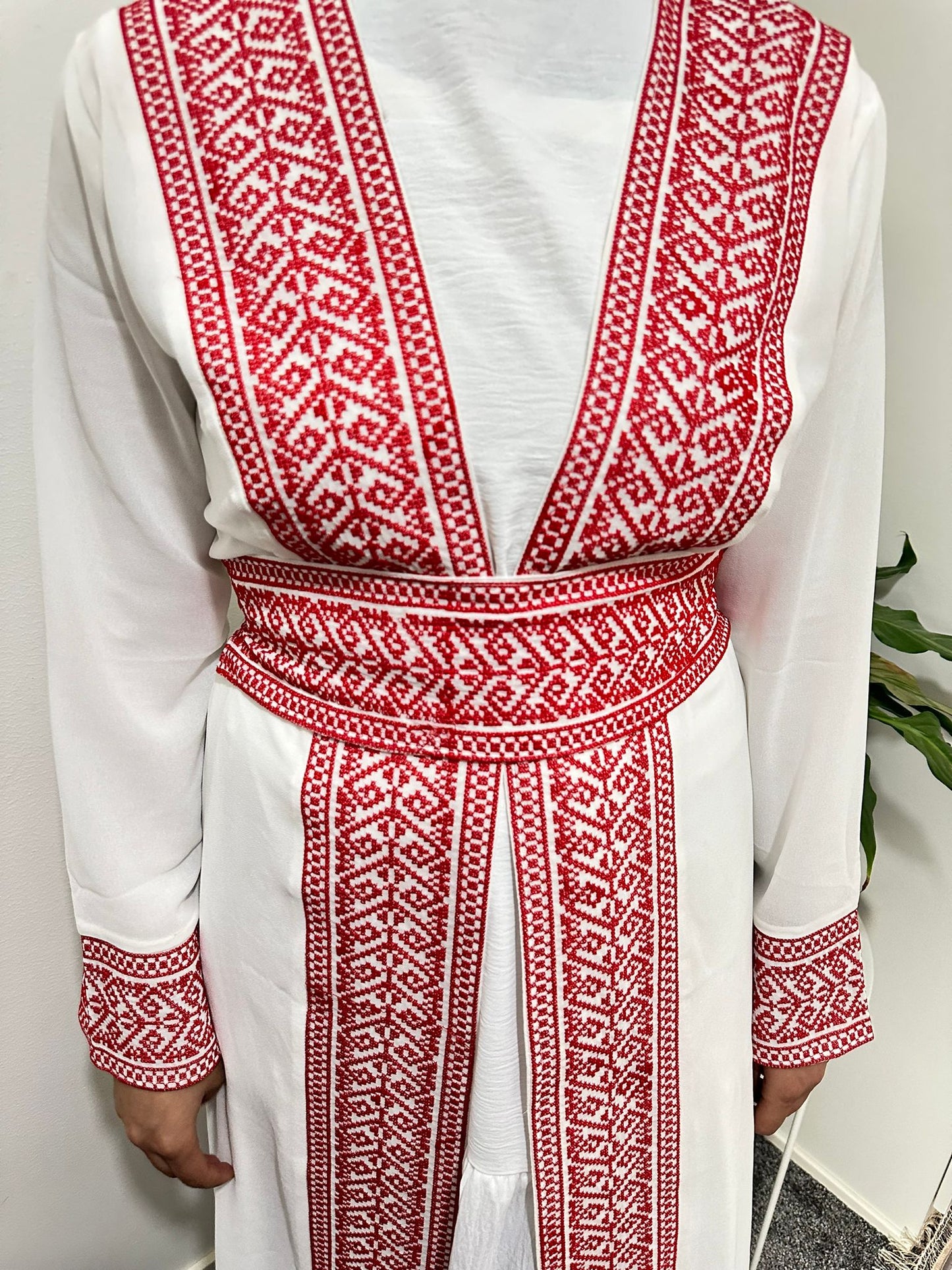 White Chiffon Abaya with Red traditional embroidery#6