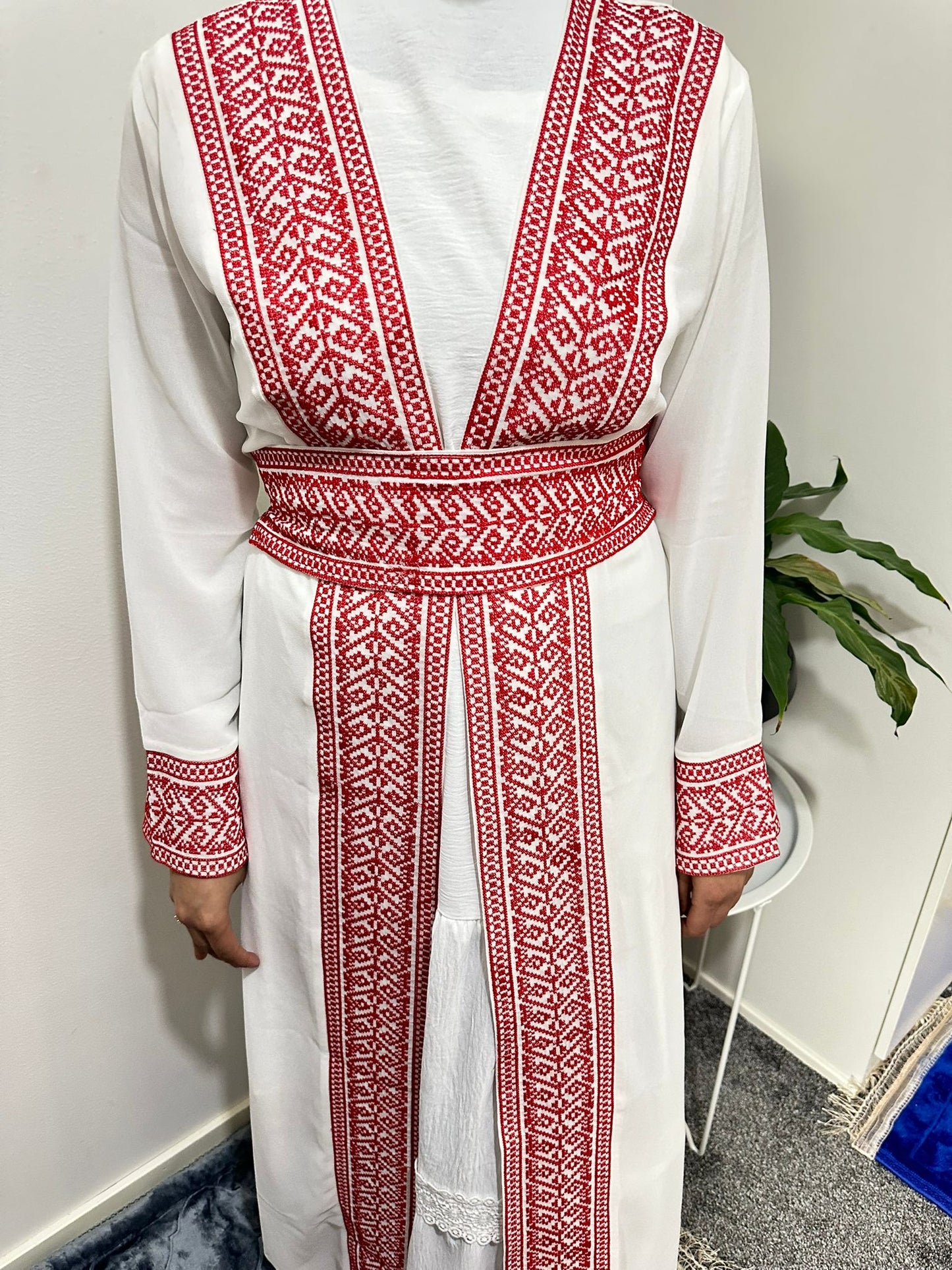 White Chiffon Abaya with Red traditional embroidery#6