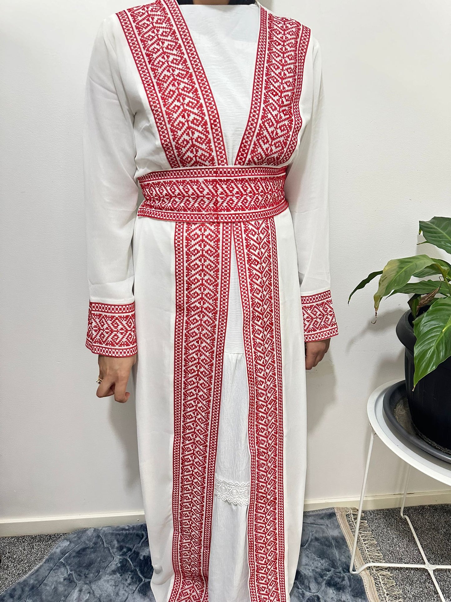 White Chiffon Abaya with Red traditional embroidery#6