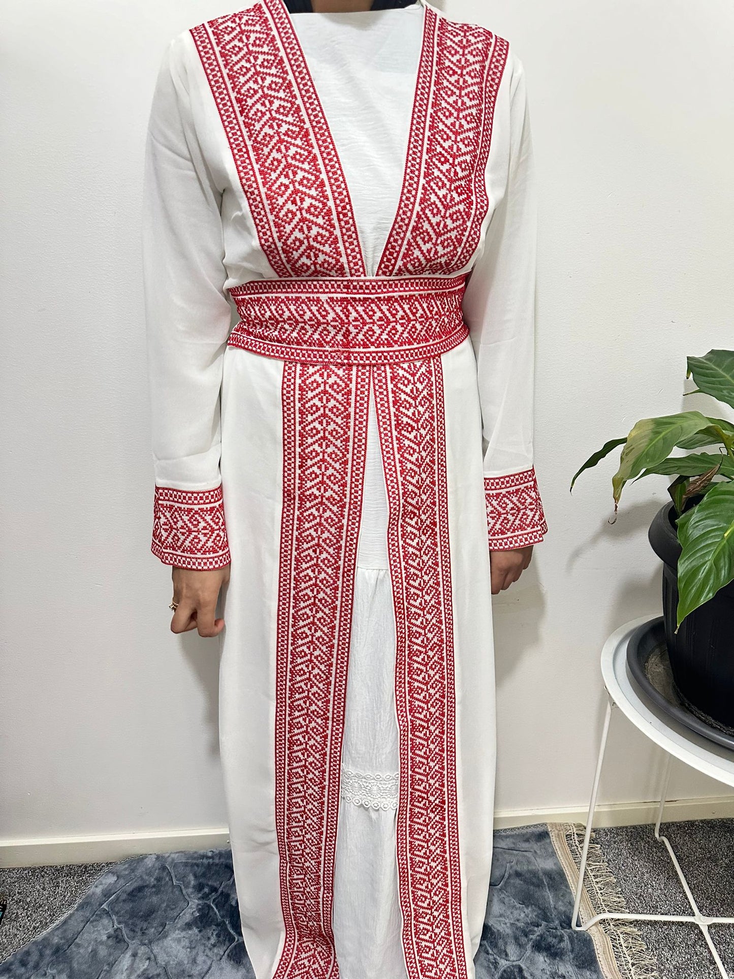 White Chiffon Abaya with Red traditional embroidery#6