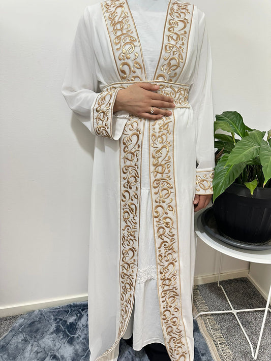 White Chiffon Abaya with Gold Arabic embroidery #3