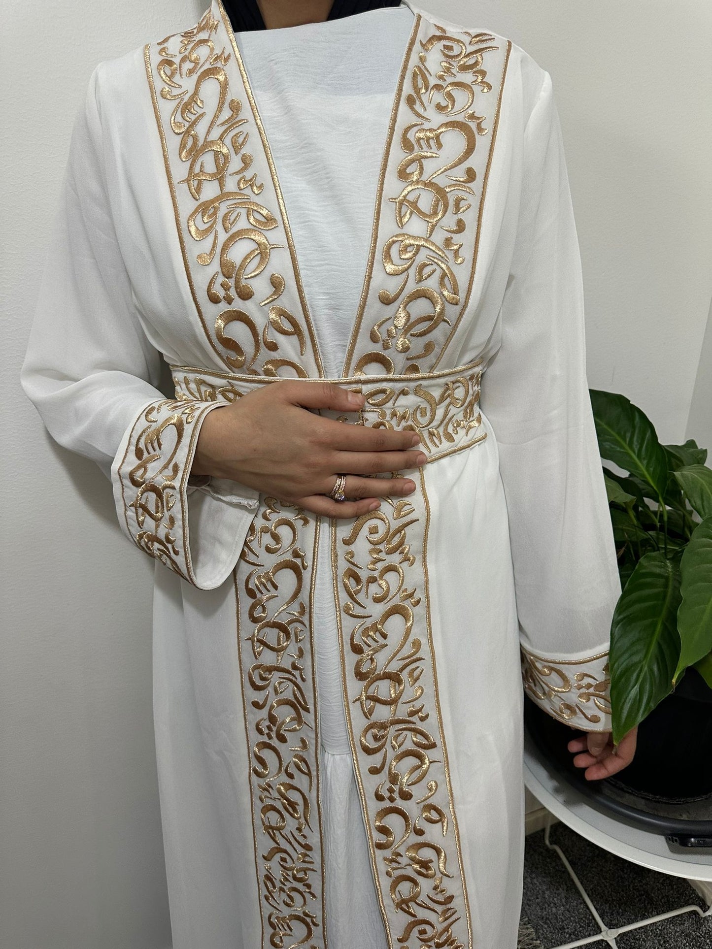 White Chiffon Abaya with Gold Arabic embroidery #3