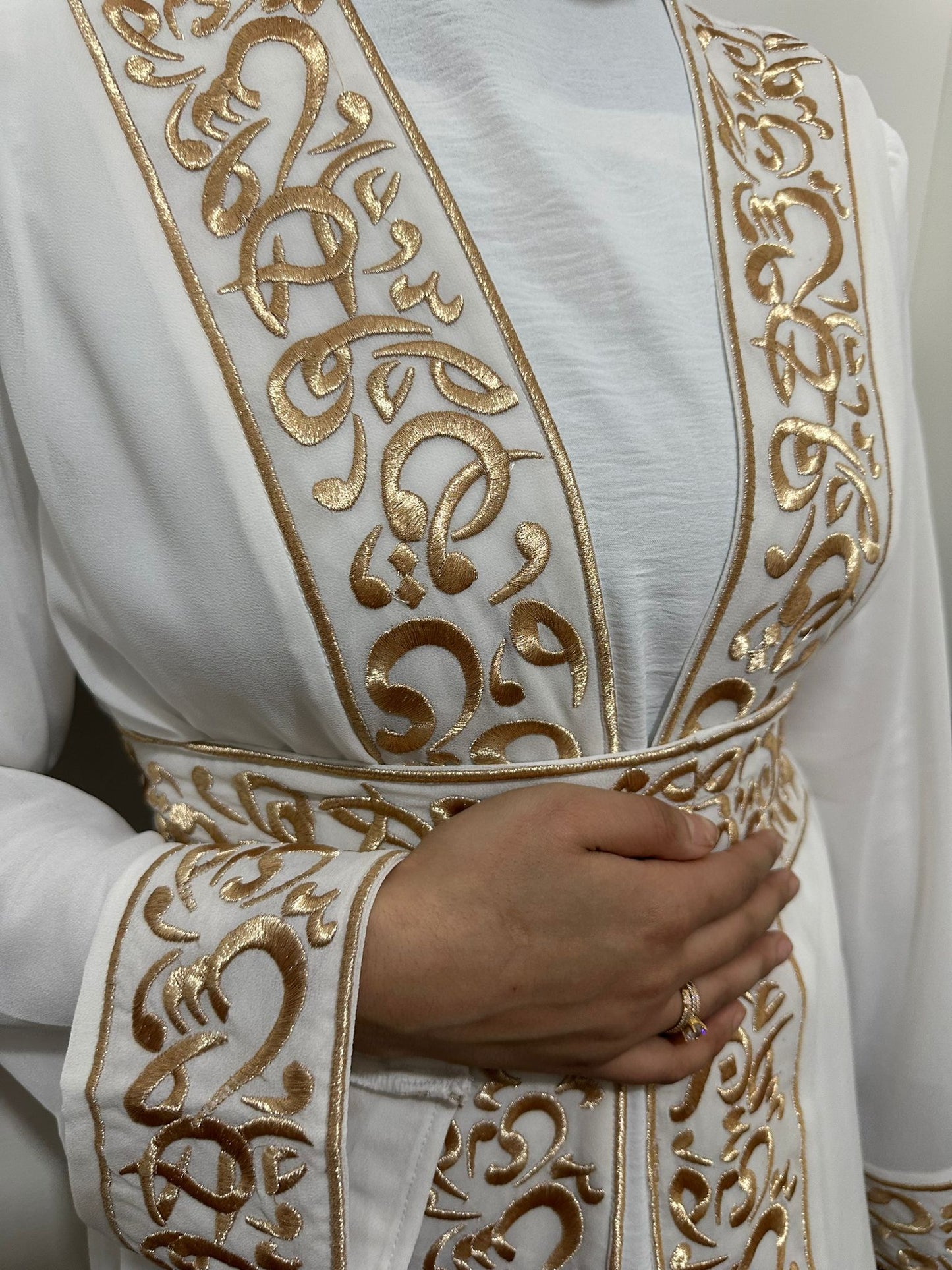 White Chiffon Abaya with Gold Arabic embroidery #3