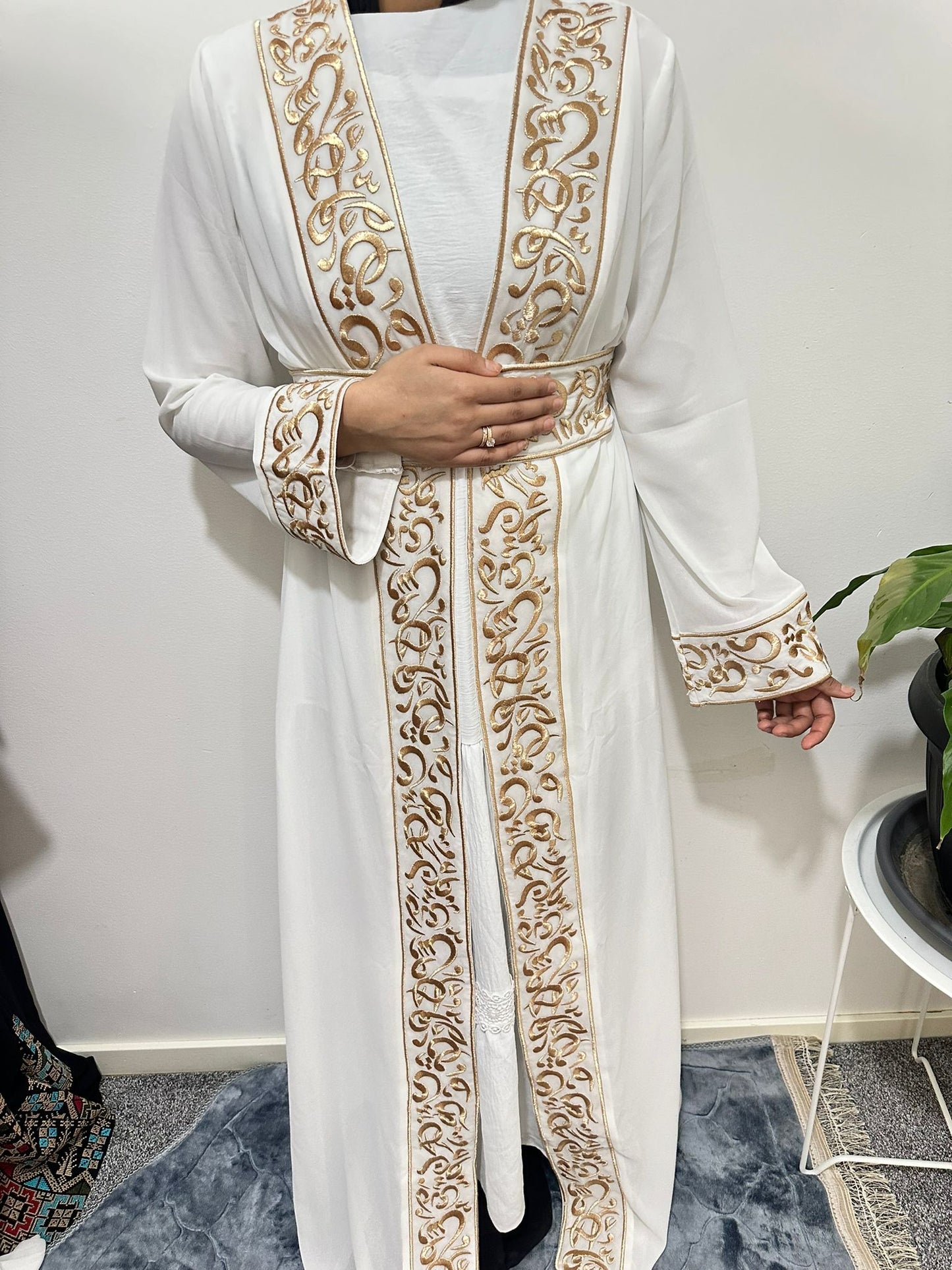 White Chiffon Abaya with Gold Arabic embroidery #3