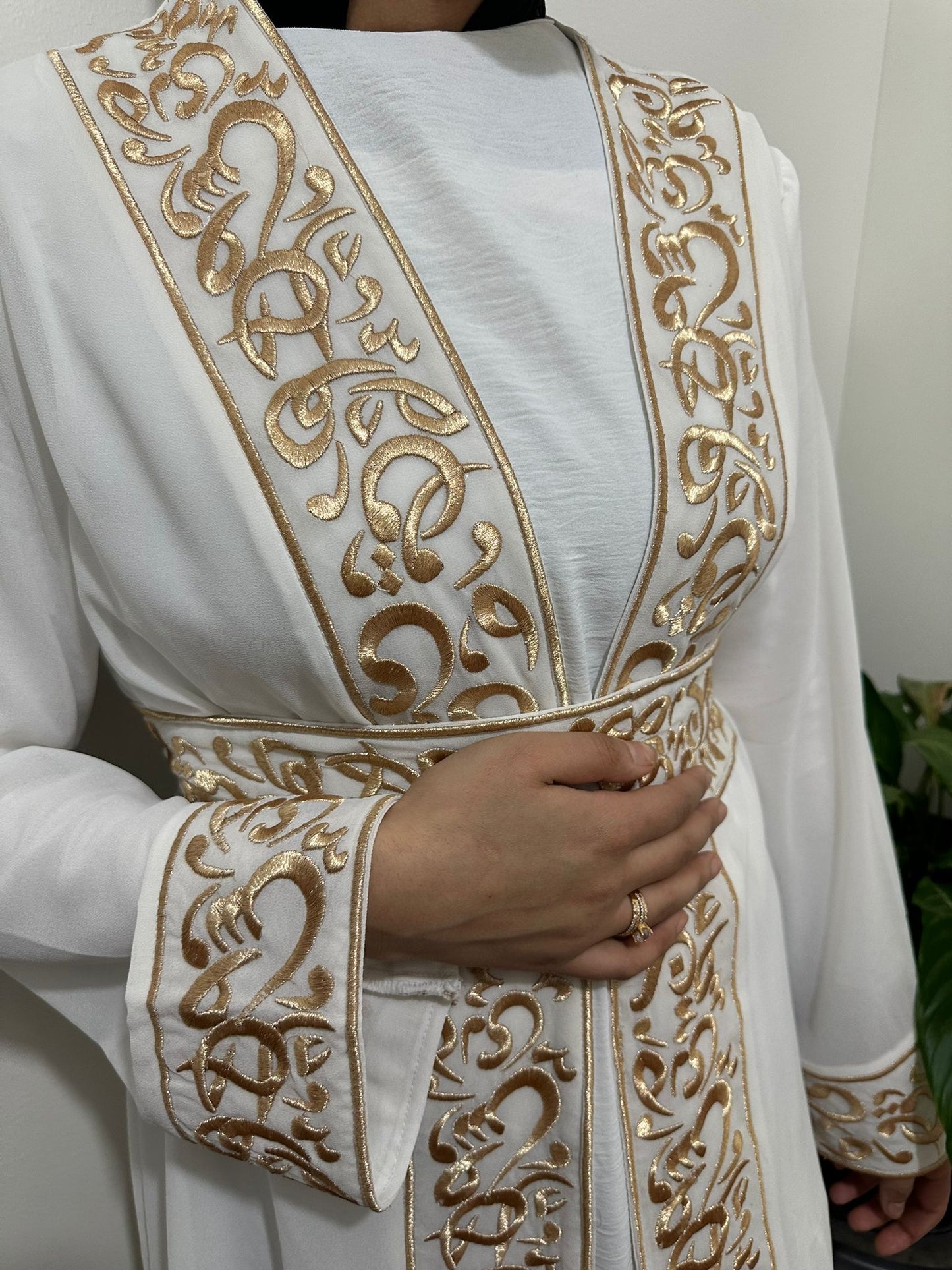 White Chiffon Abaya with Gold Arabic embroidery #3