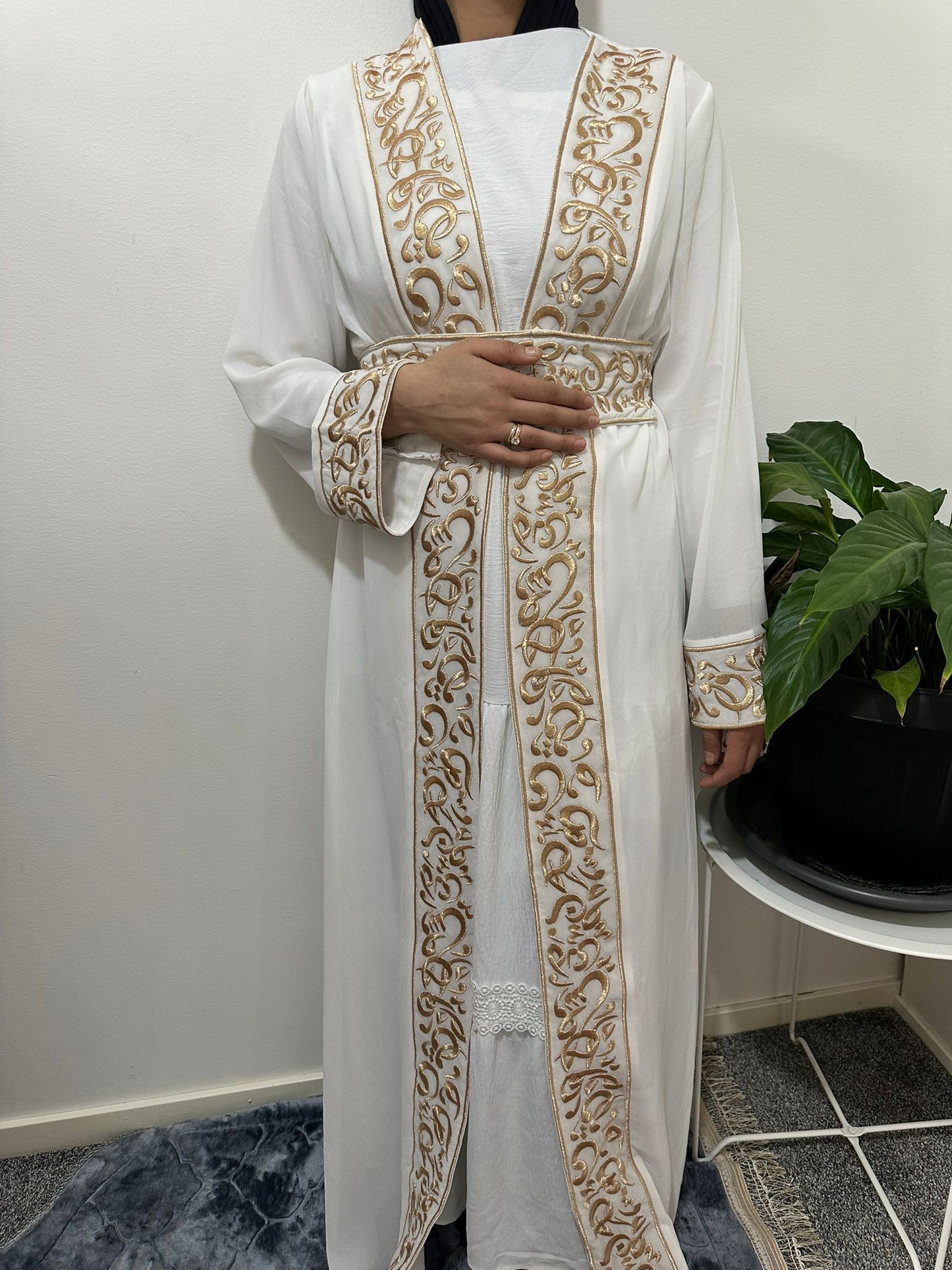 White Chiffon Abaya with Gold Arabic embroidery #3