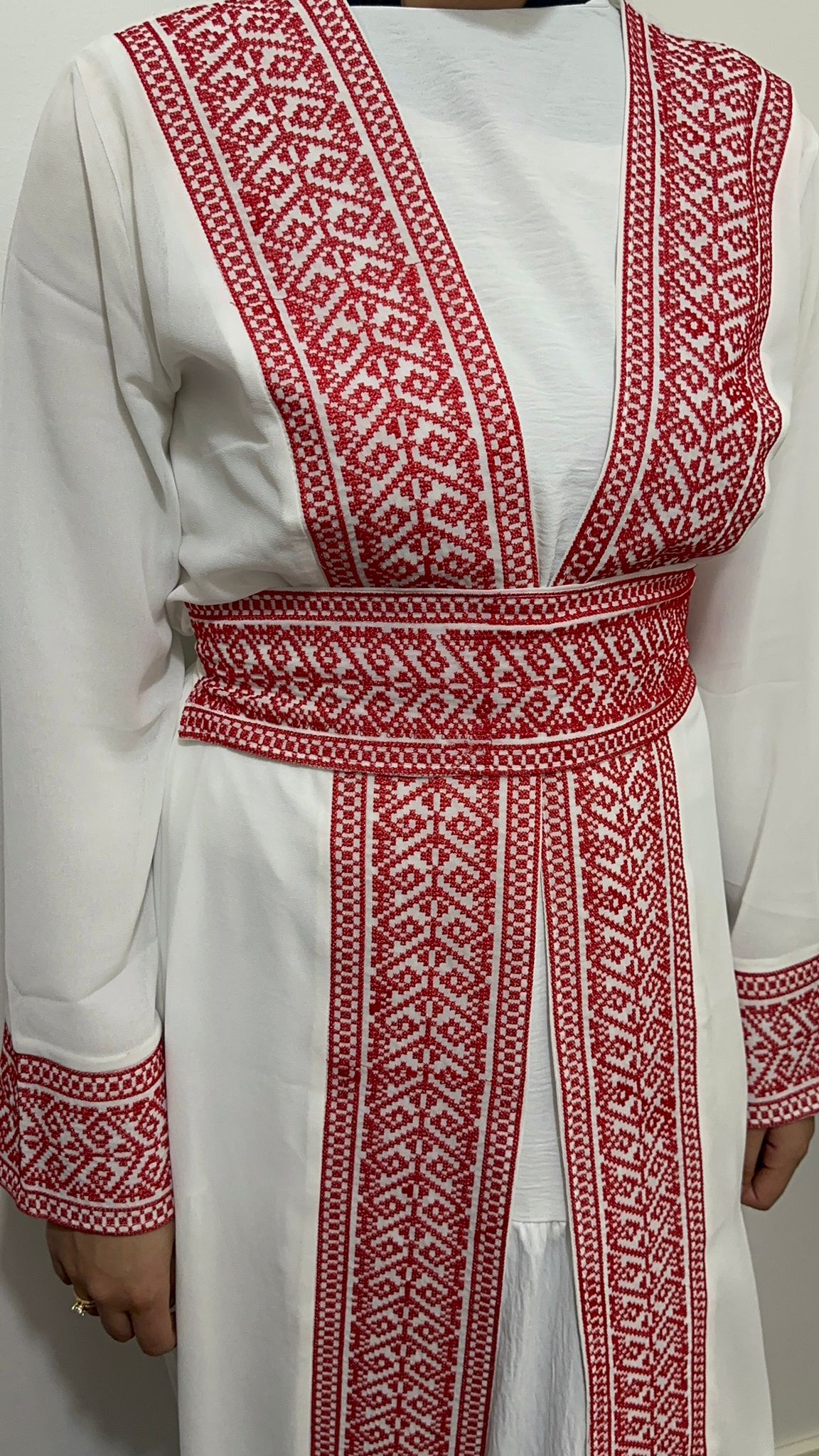 White Chiffon Abaya with Red traditional embroidery#6