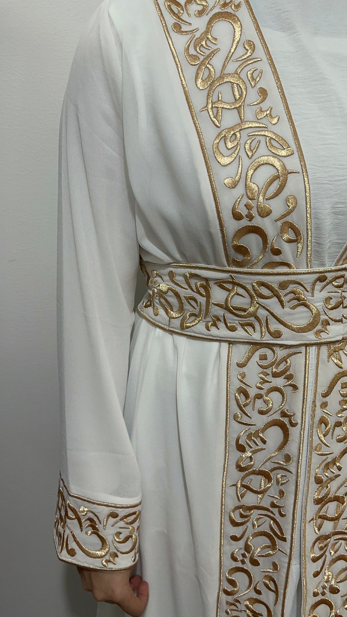 White Chiffon Abaya with Gold Arabic embroidery #3