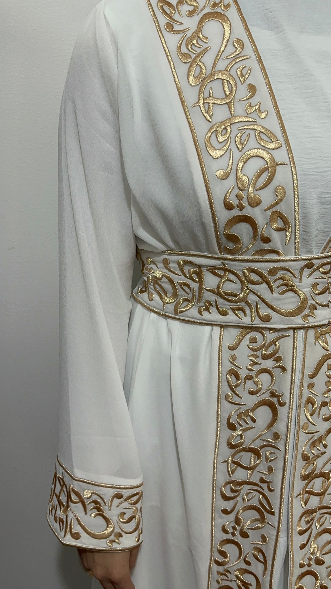 White Chiffon Abaya with Gold Arabic embroidery #3