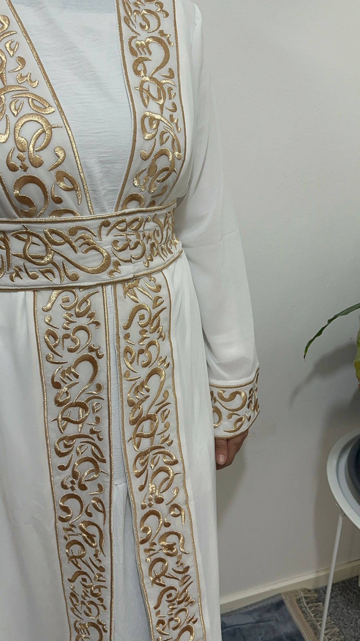 White Chiffon Abaya with Gold Arabic embroidery #3