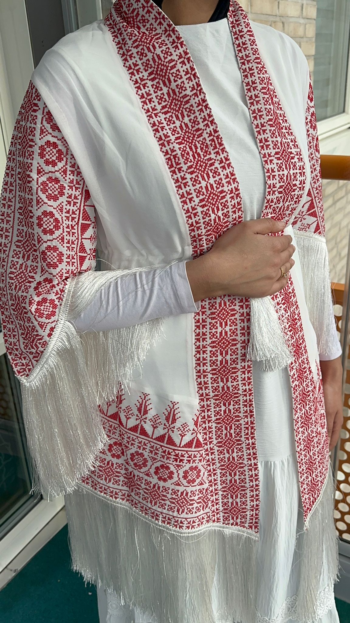 White Chiffon Jacket with Red traditional embroidery.