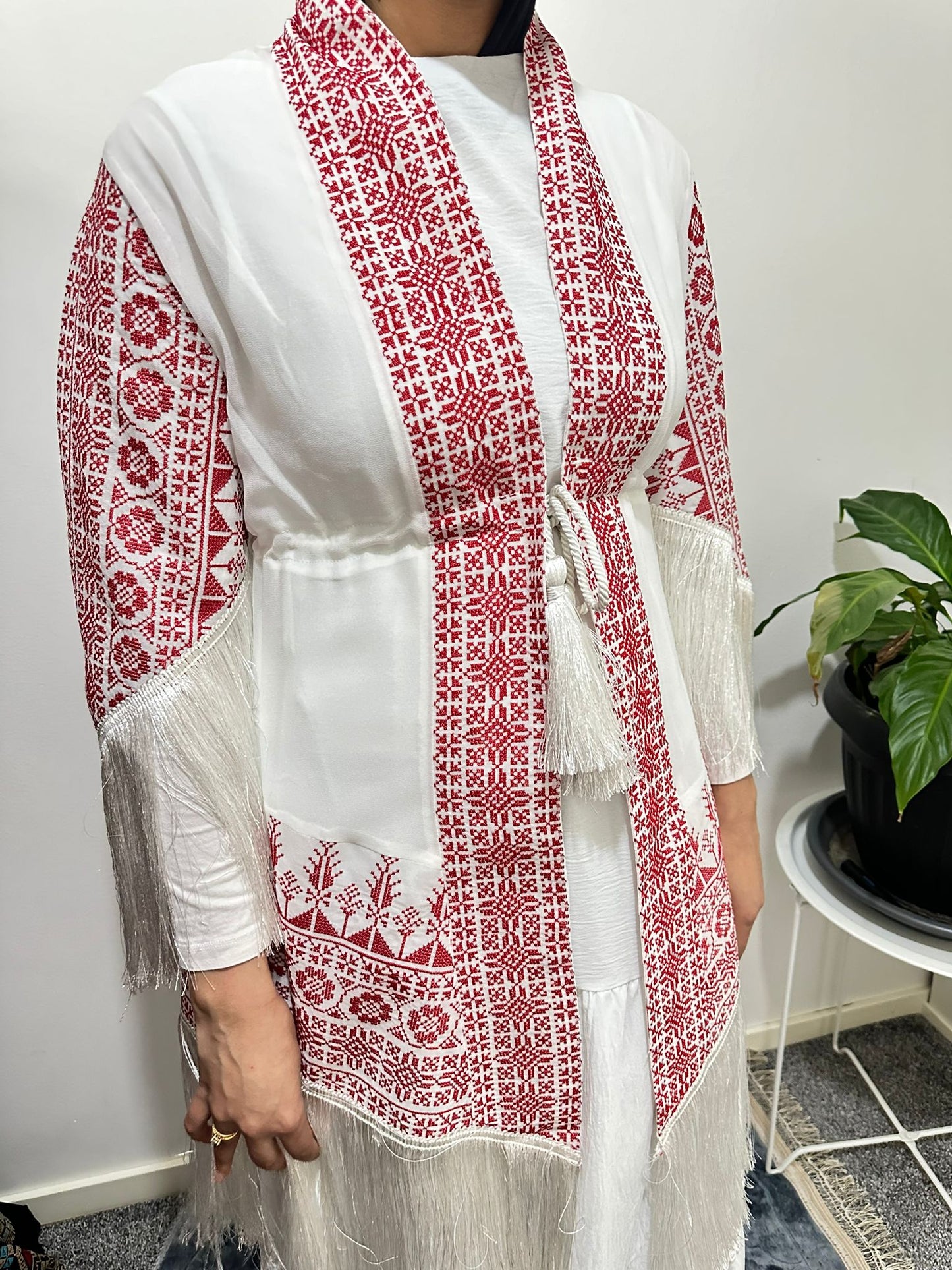 White Chiffon Jacket with Red traditional embroidery.