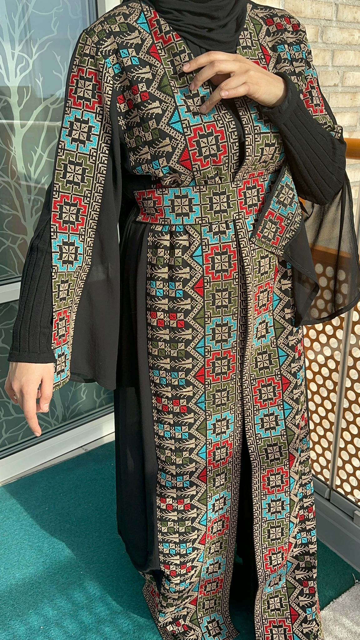 Black Chiffon Abaya with colorful traditional embroidery.