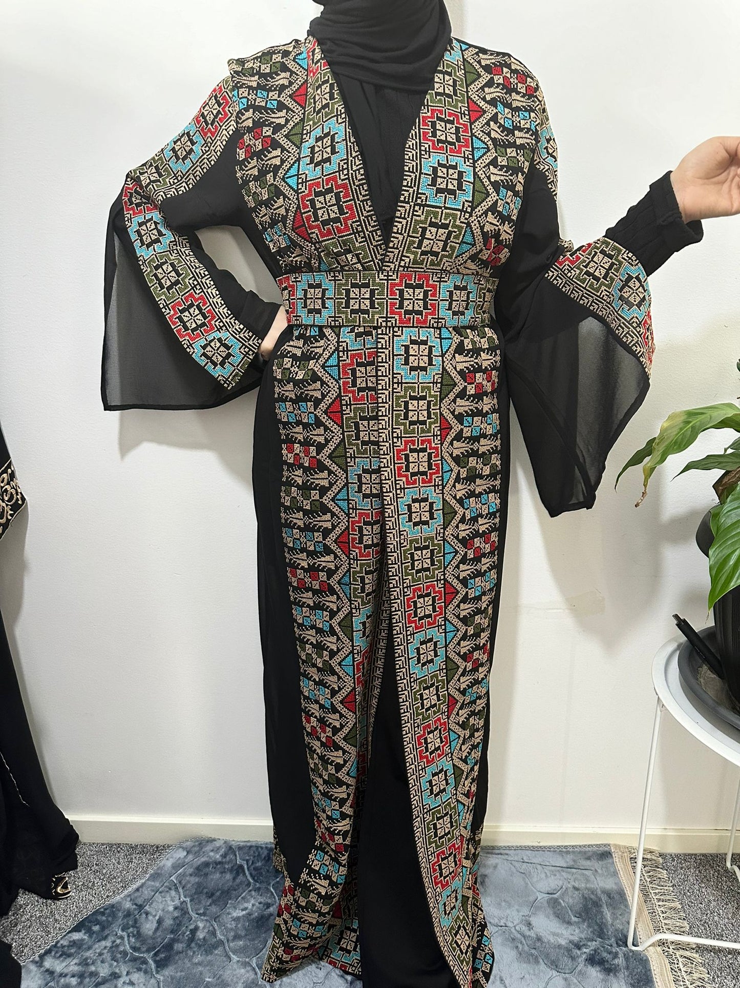 Black Chiffon Abaya with colorful traditional embroidery.