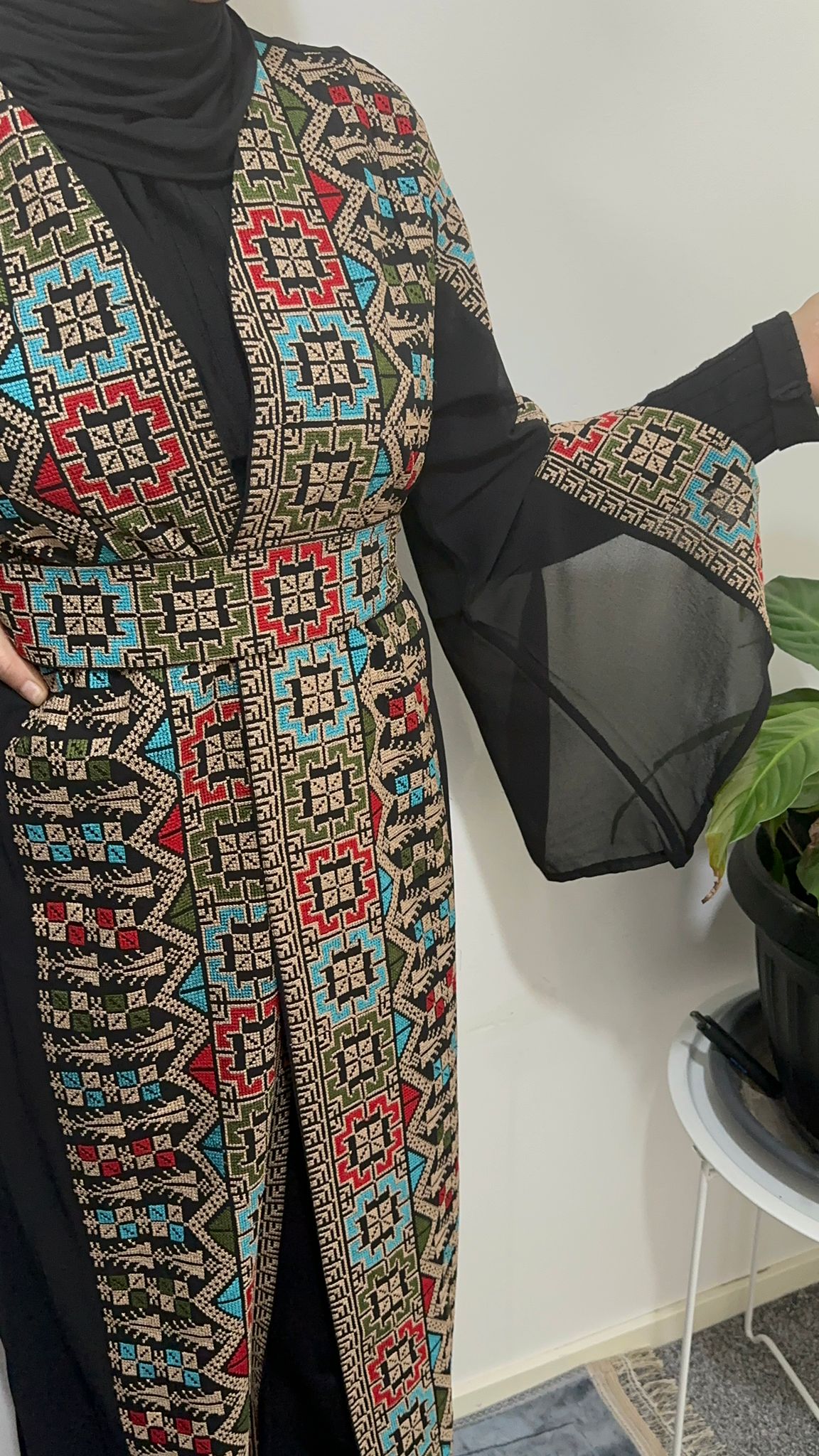 Black Chiffon Abaya with colorful traditional embroidery.