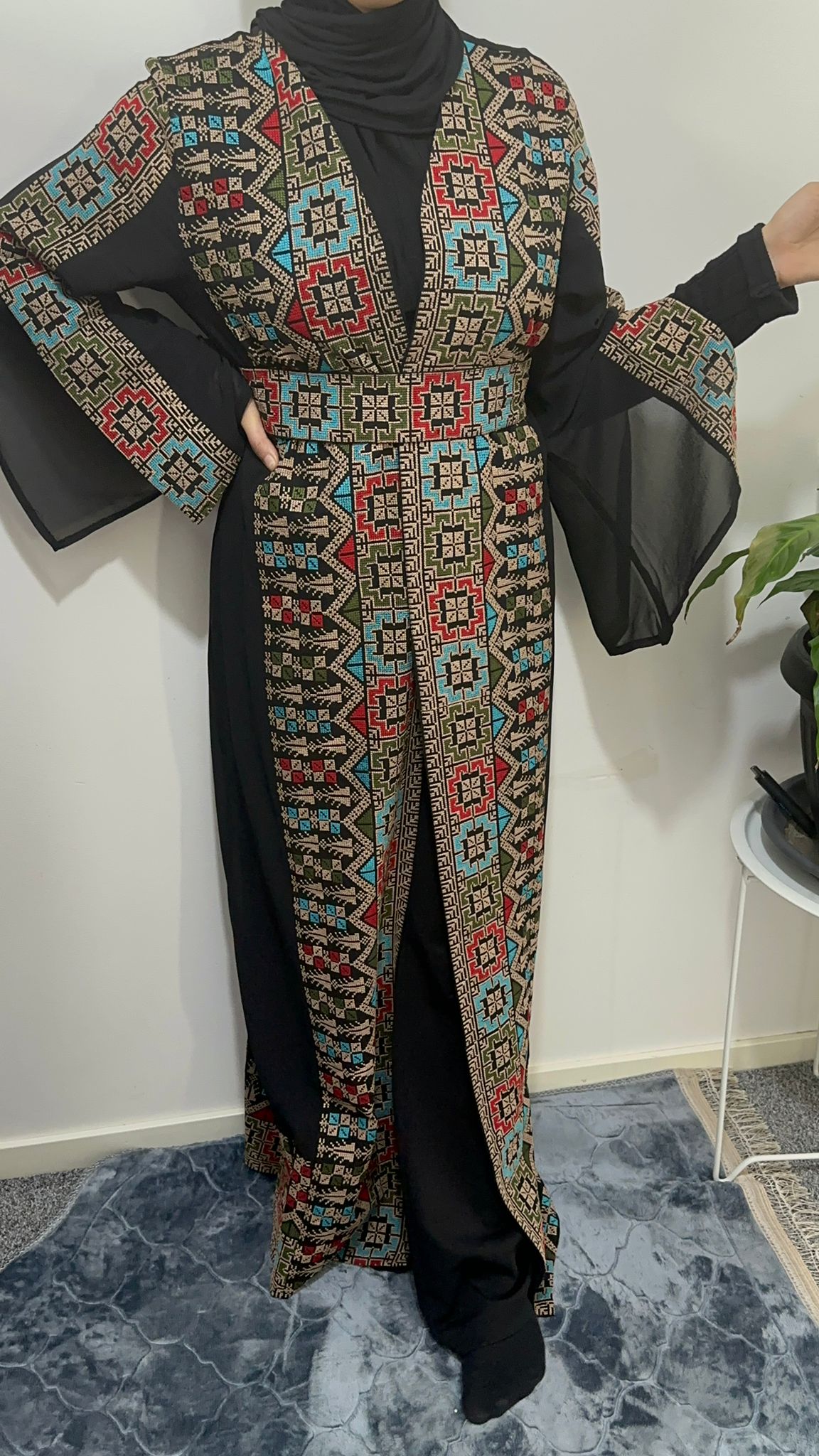 Black Chiffon Abaya with colorful traditional embroidery.