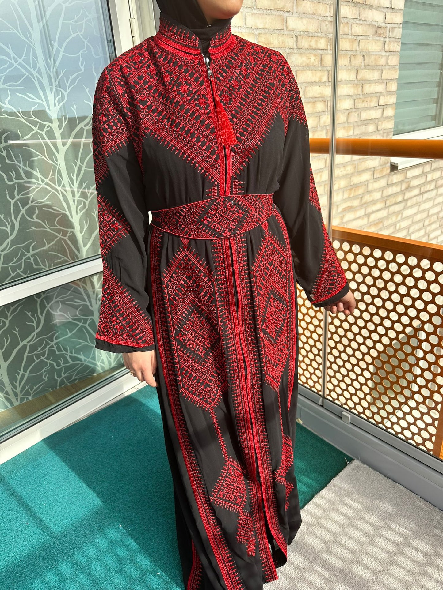 Black Chiffon Abaya with Red traditional embroidery #3