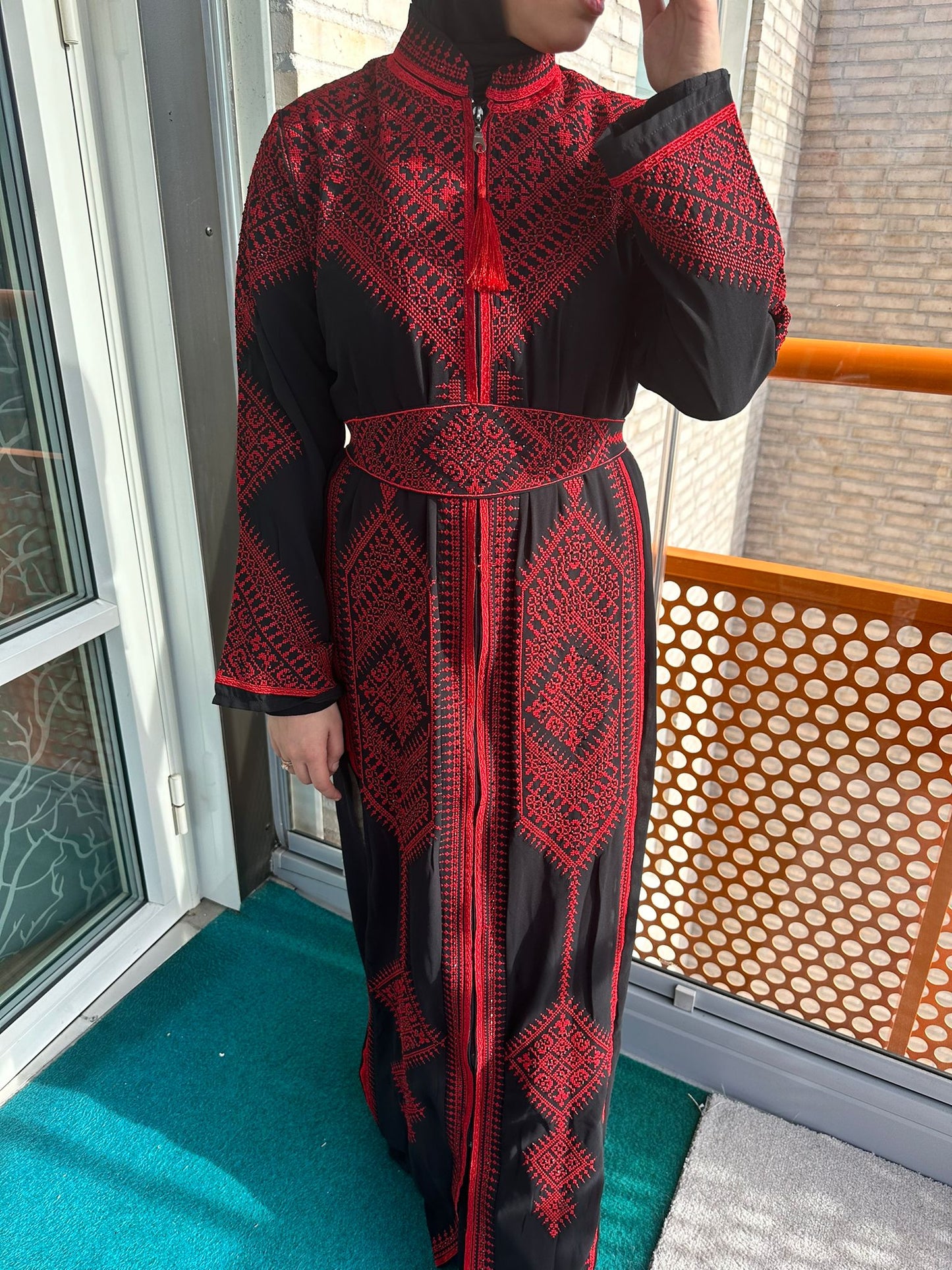 Black Chiffon Abaya with Red traditional embroidery #3