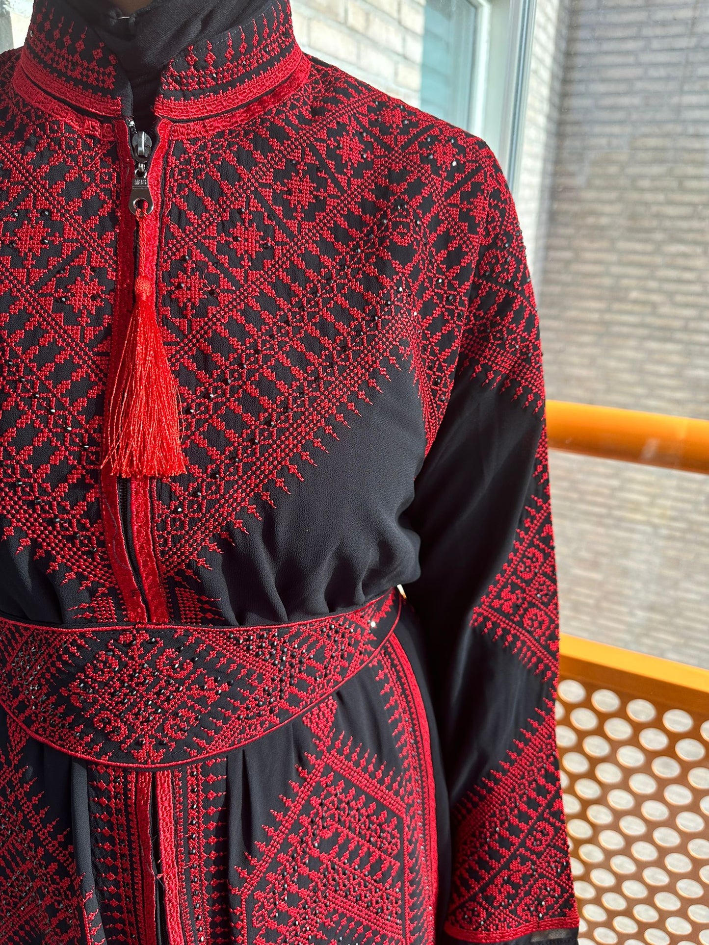 Black Chiffon Abaya with Red traditional embroidery #3