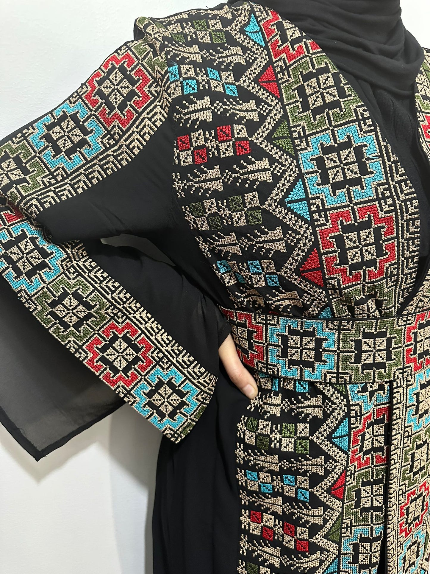 Black Chiffon Abaya with colorful traditional embroidery.