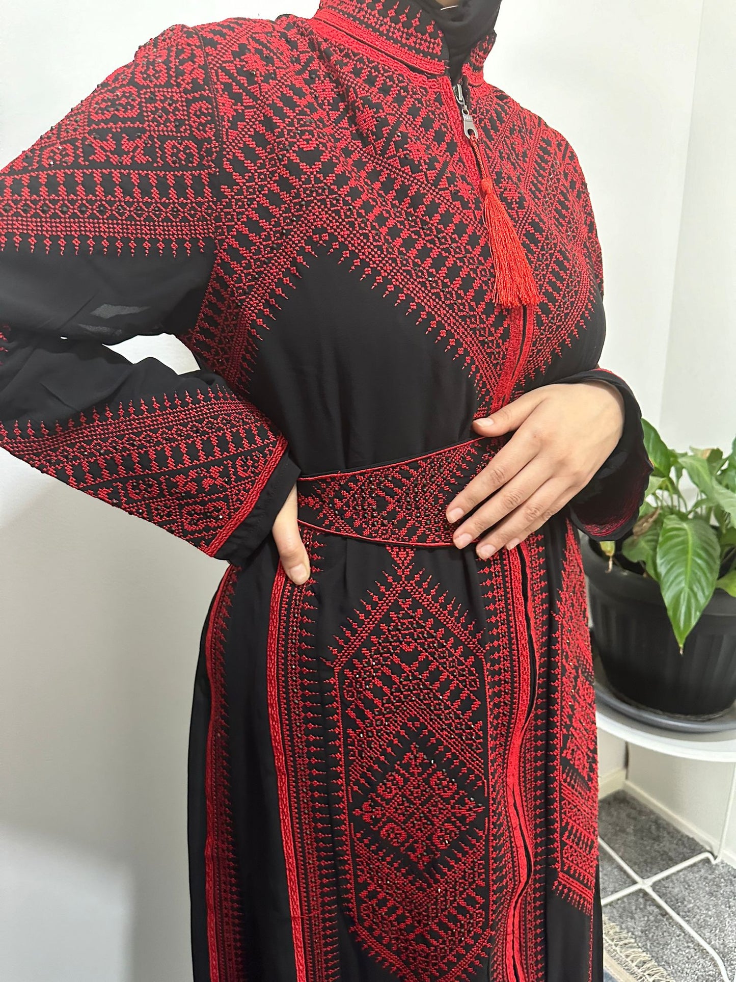 Black Chiffon Abaya with Red traditional embroidery #3