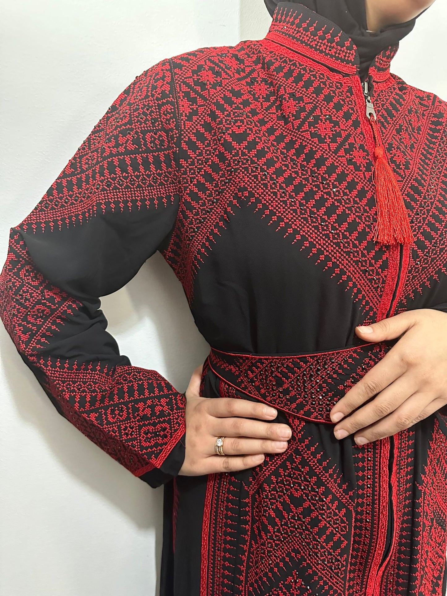 Black Chiffon Abaya with Red traditional embroidery #3