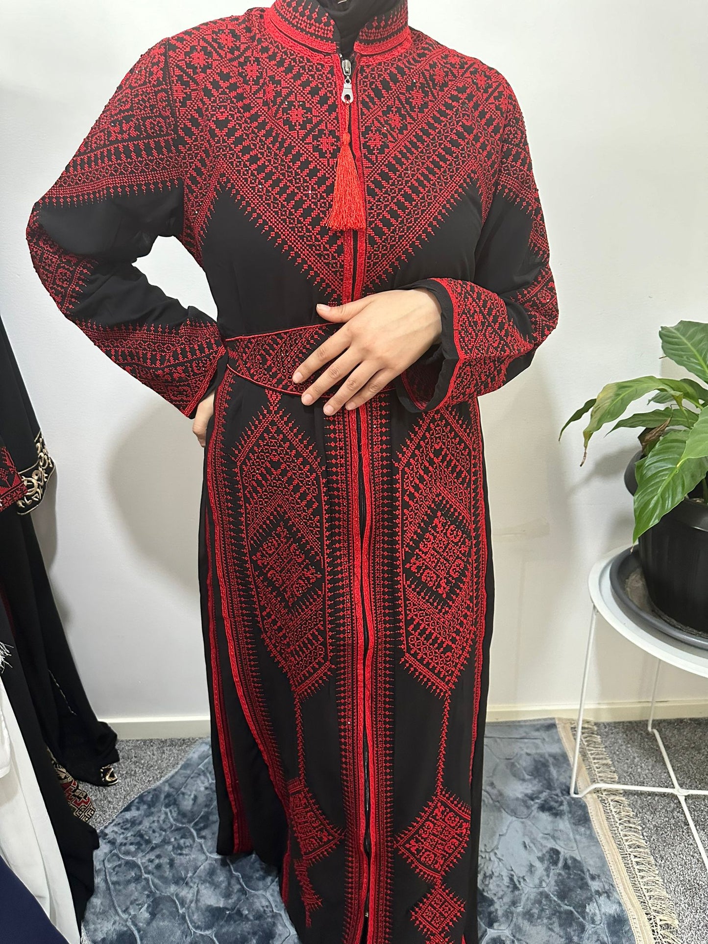 Black Chiffon Abaya with Red traditional embroidery #3