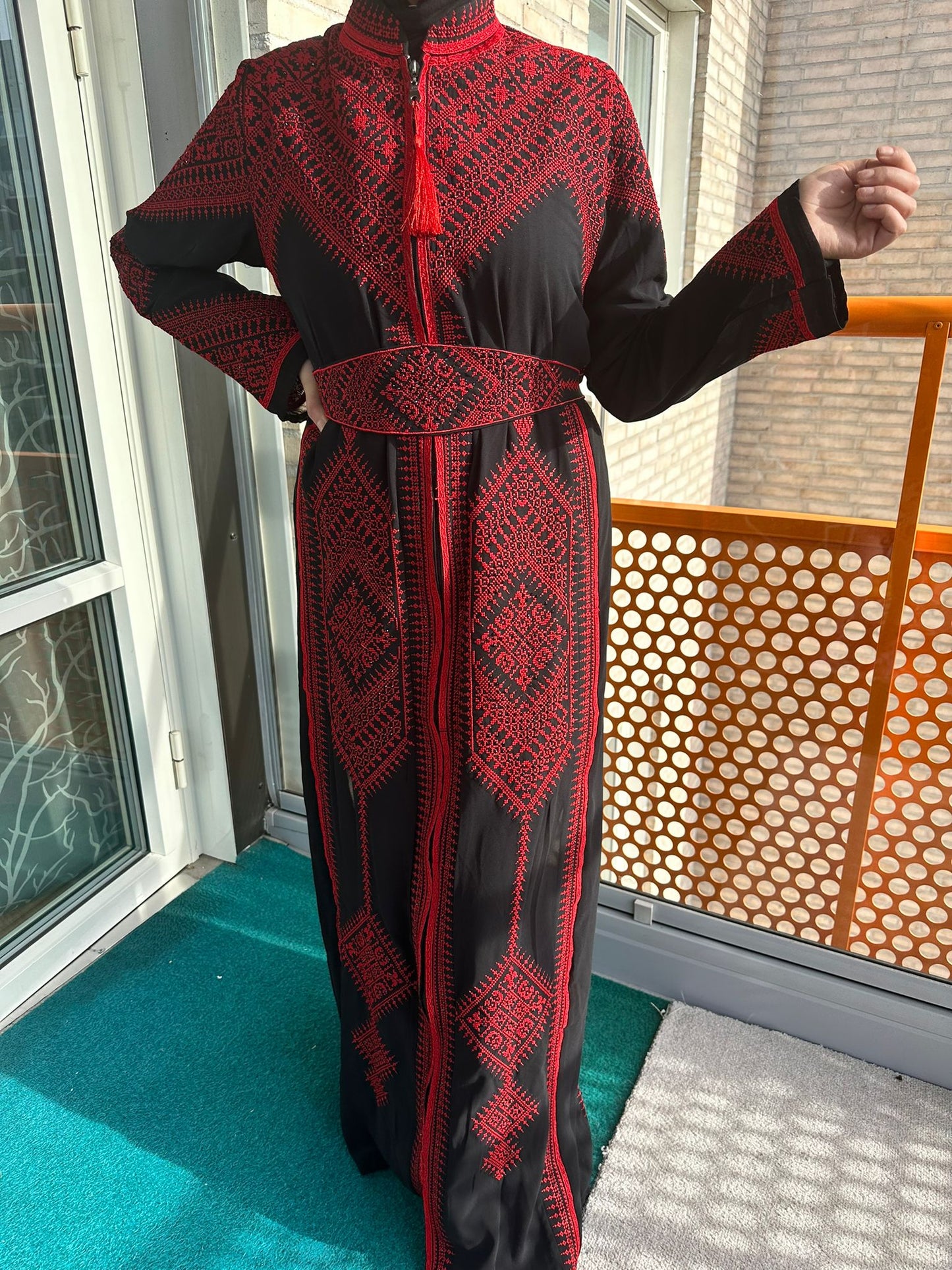 Black Chiffon Abaya with Red traditional embroidery #3