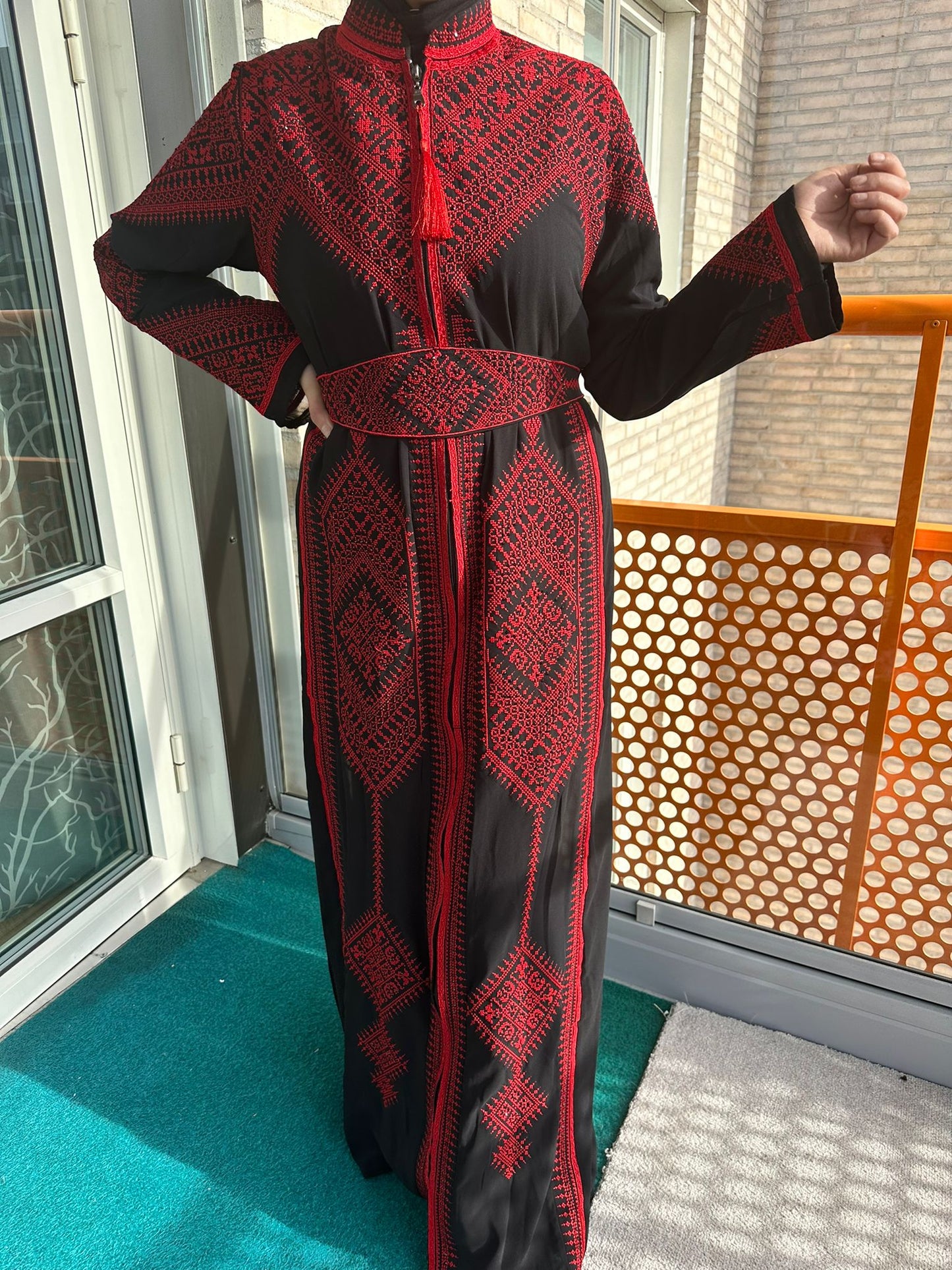 Black Chiffon Abaya with Red traditional embroidery #3