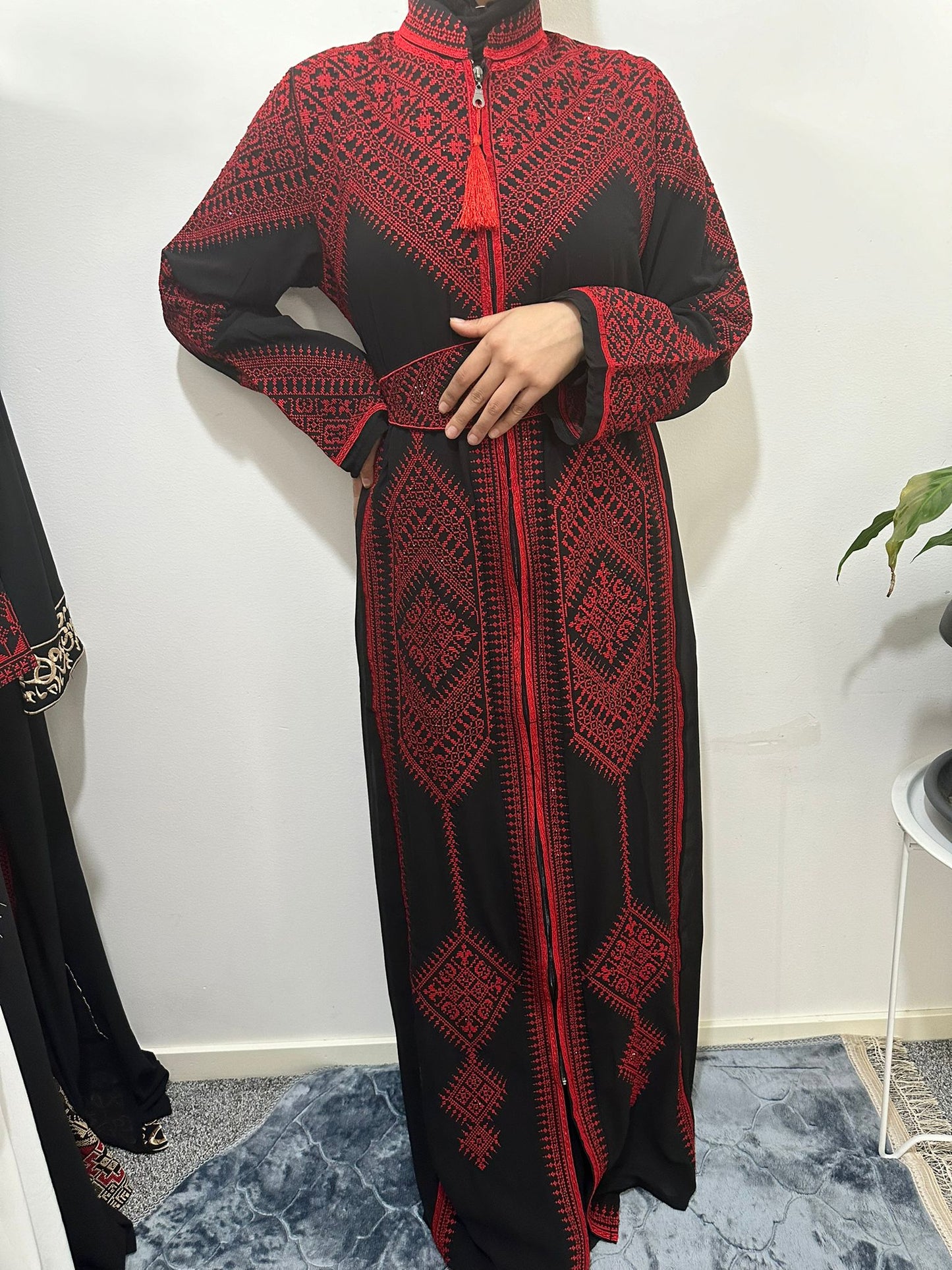 Black Chiffon Abaya with Red traditional embroidery #3