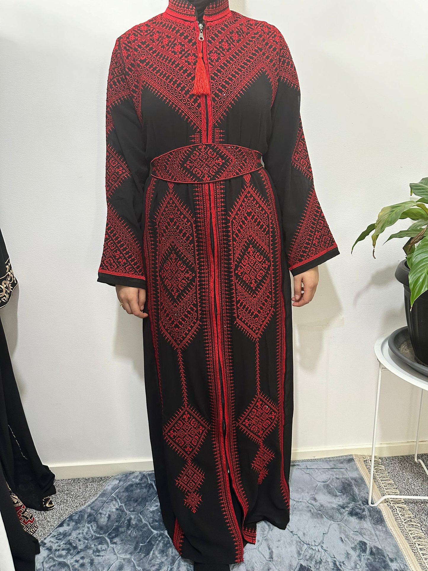 Black Chiffon Abaya with Red traditional embroidery #3