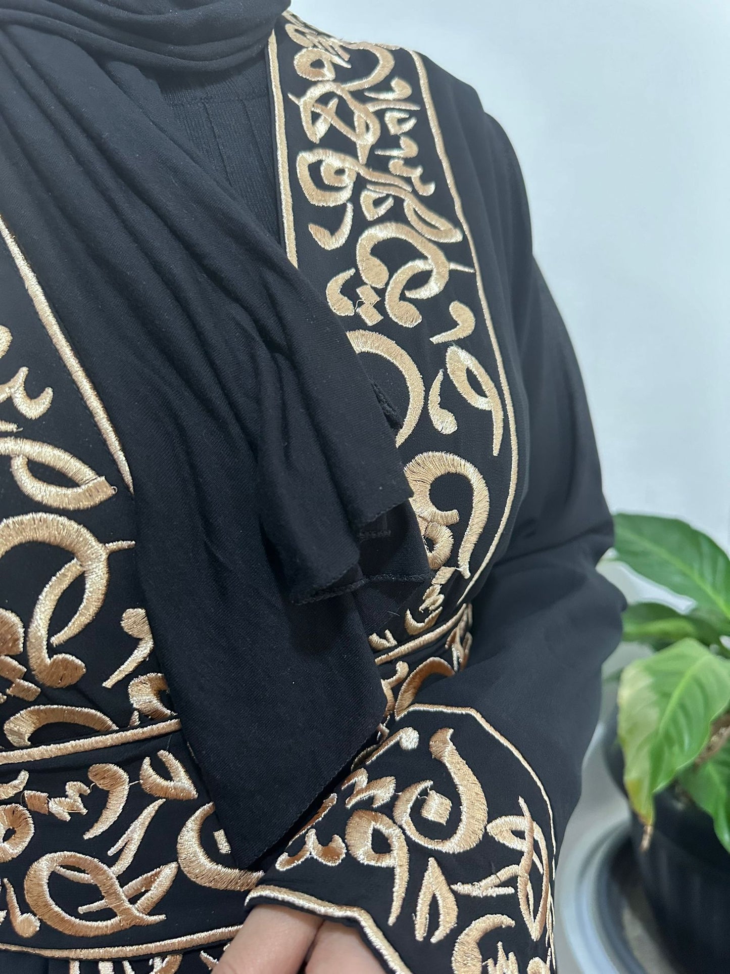 Black Chiffon Abaya with Gold Arabic embroidery #8