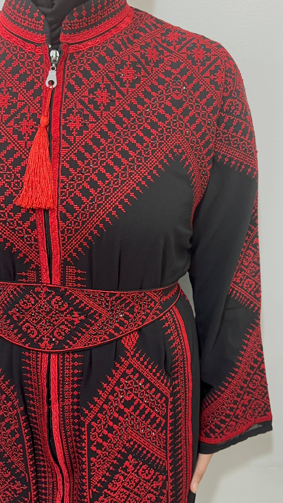 Black Chiffon Abaya with Red traditional embroidery #3