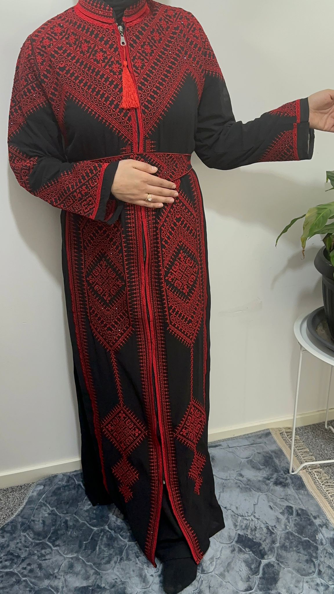 Black Chiffon Abaya with Red traditional embroidery #3