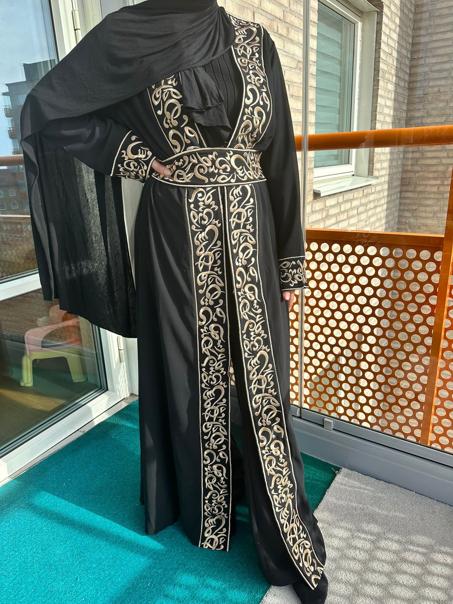 Black Chiffon Abaya with Gold Arabic embroidery #8