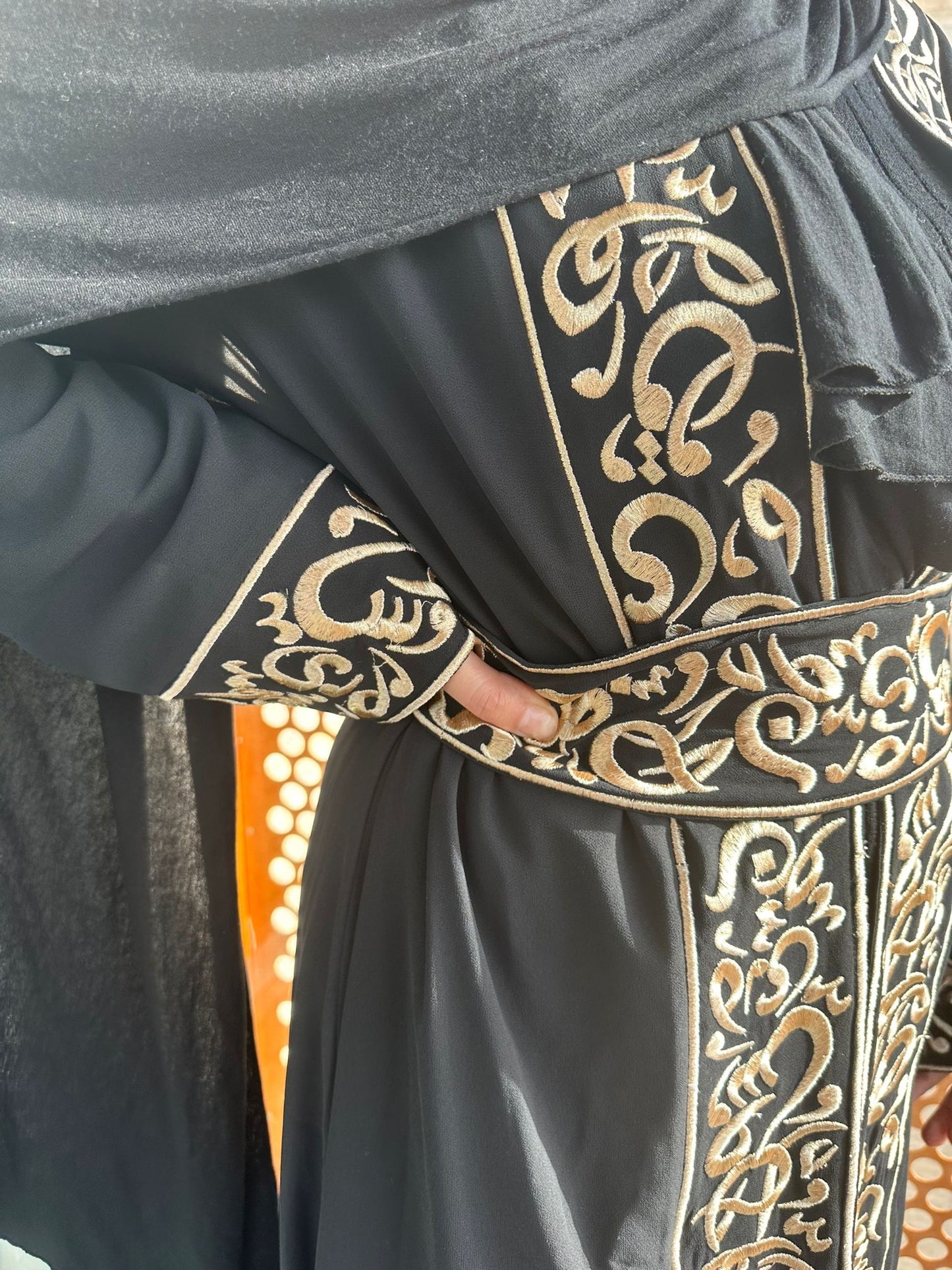 Black Chiffon Abaya with Gold Arabic embroidery #8