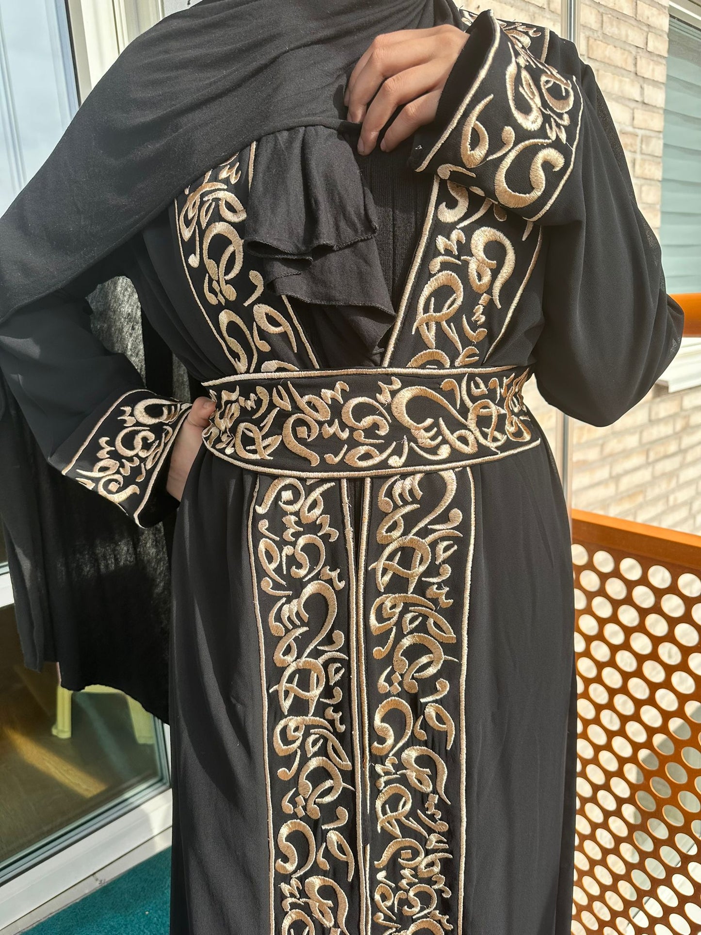 Black Chiffon Abaya with Gold Arabic embroidery #8