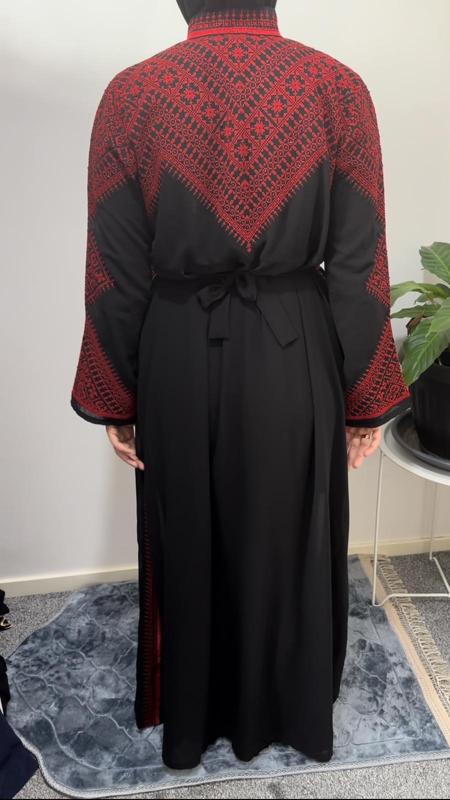 Black Chiffon Abaya with Red traditional embroidery #3