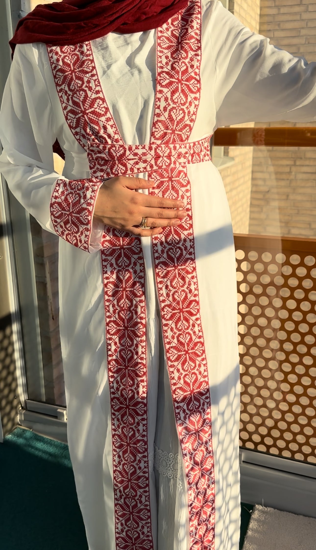 White Chiffon Abaya with Red traditional embroidery