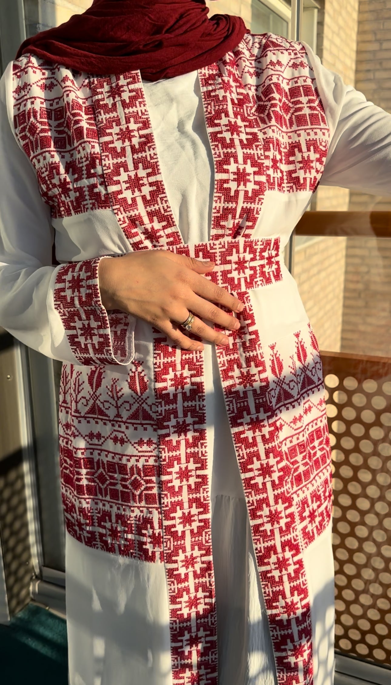 White Chiffon Abaya with Red  traditional embroidery #2