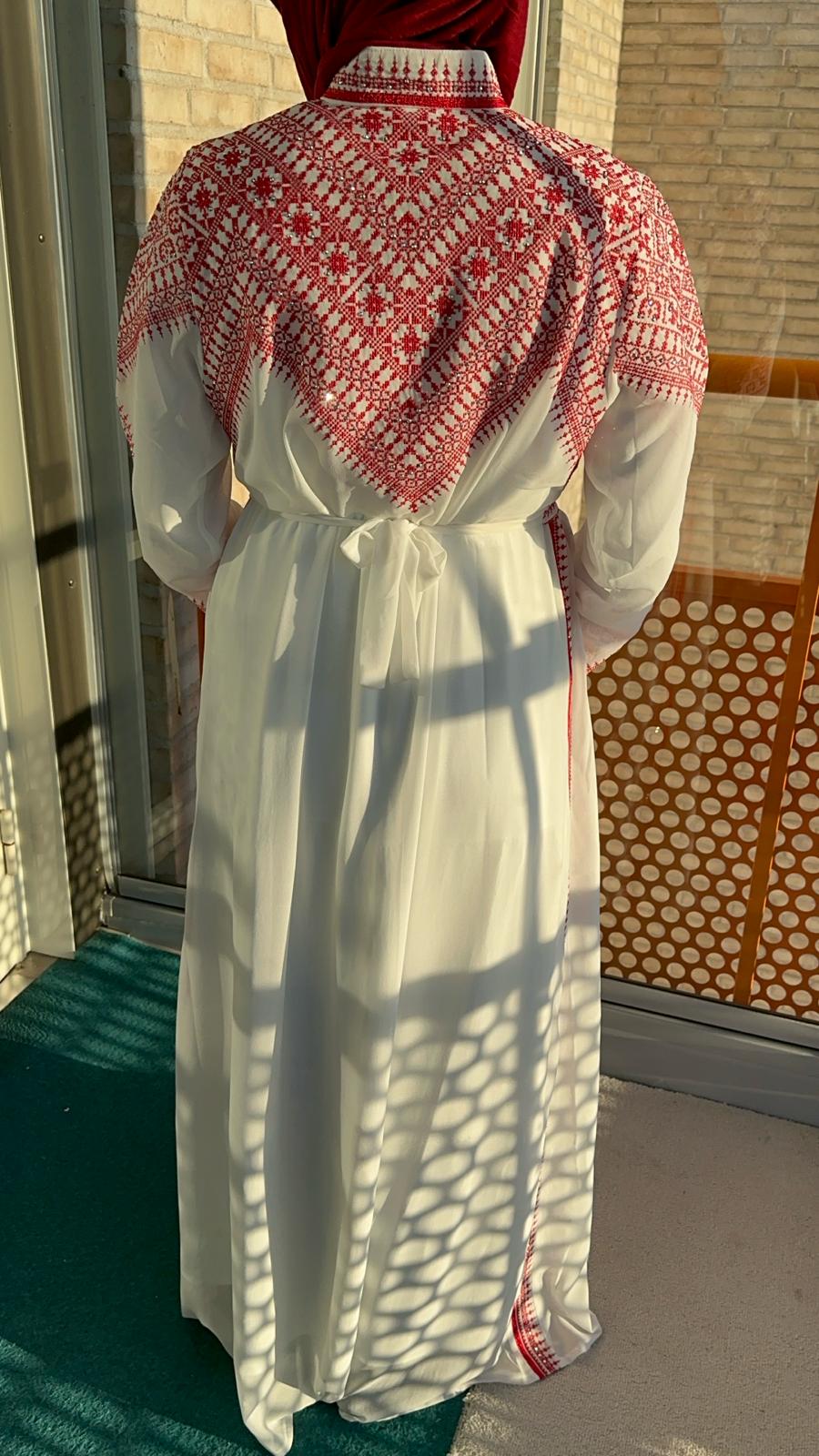 White Chiffon Abaya with Red traditional embroidery #3