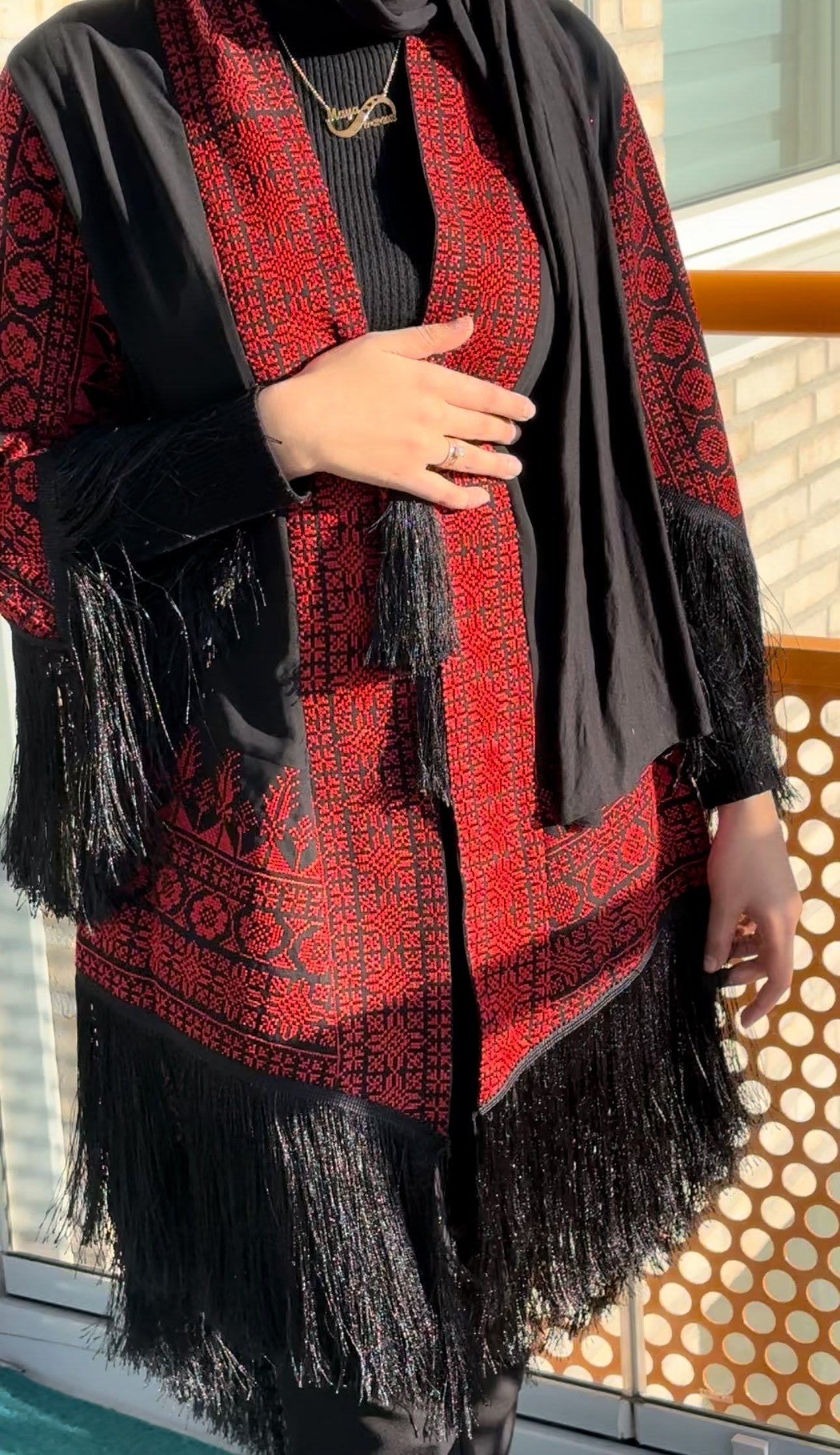 Black Chiffon Jacket with Red traditional embroidery.