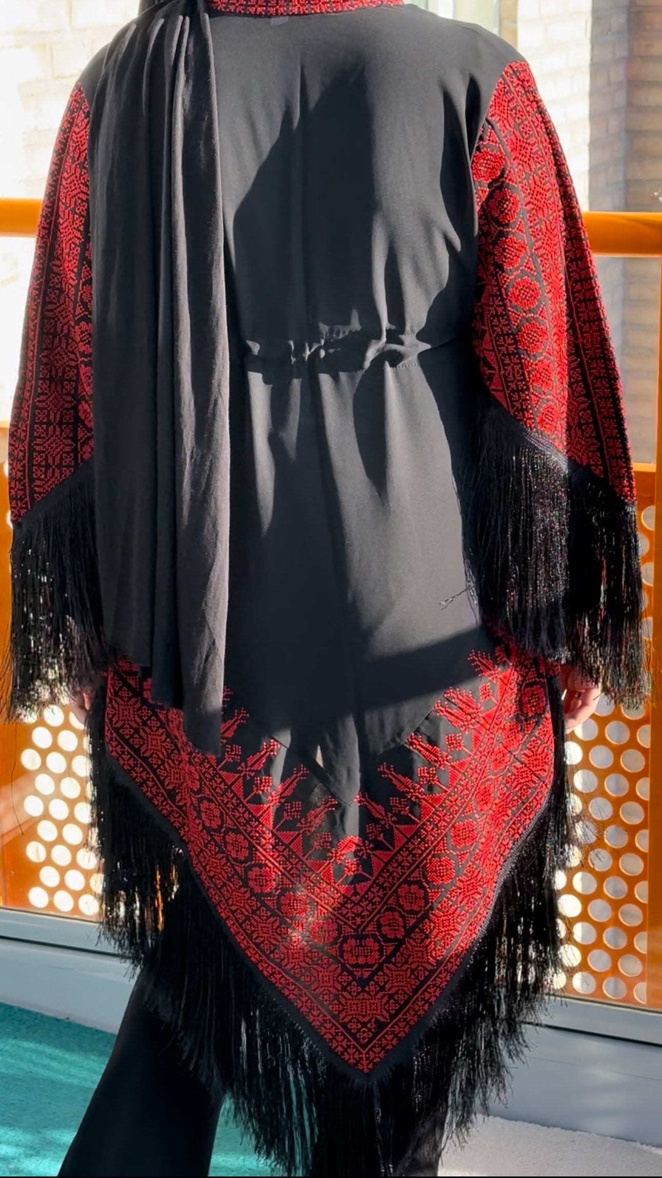 Black Chiffon Jacket with Red traditional embroidery.