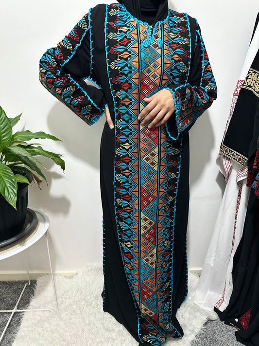 Black-blue Thobe with colorful traditional embroidery.