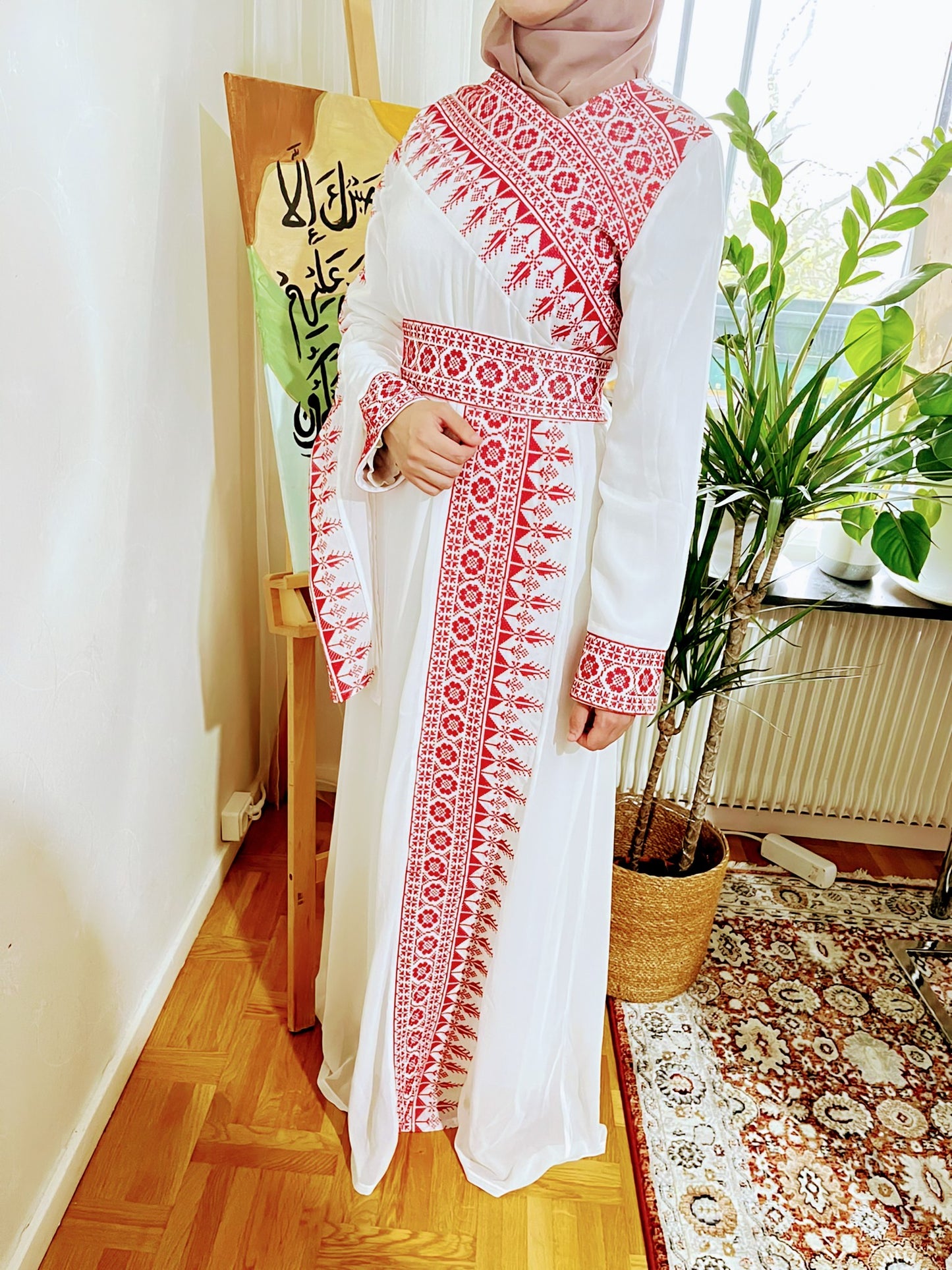 White Dress with red traditional embroidery.