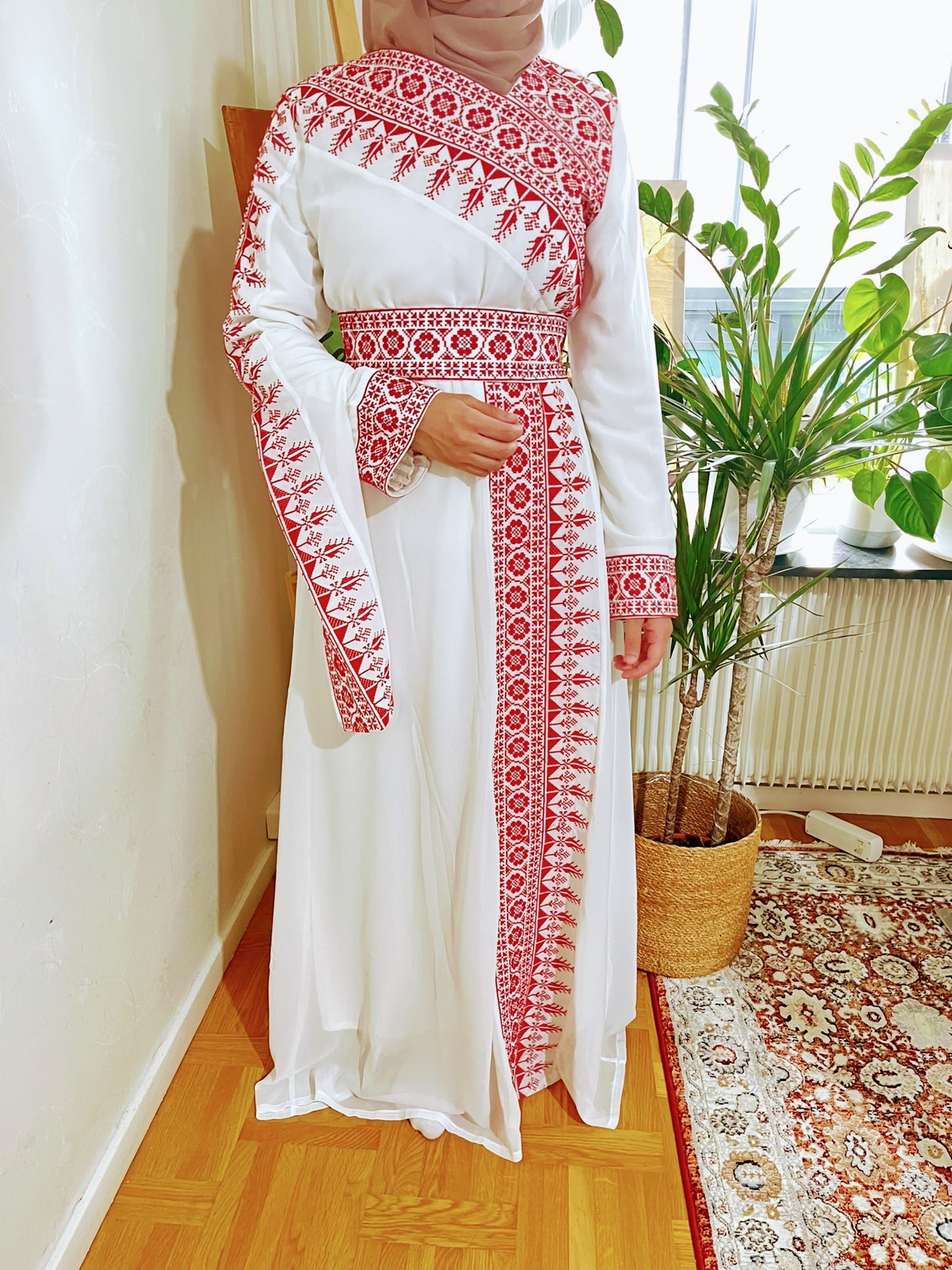 White Dress with red traditional embroidery.