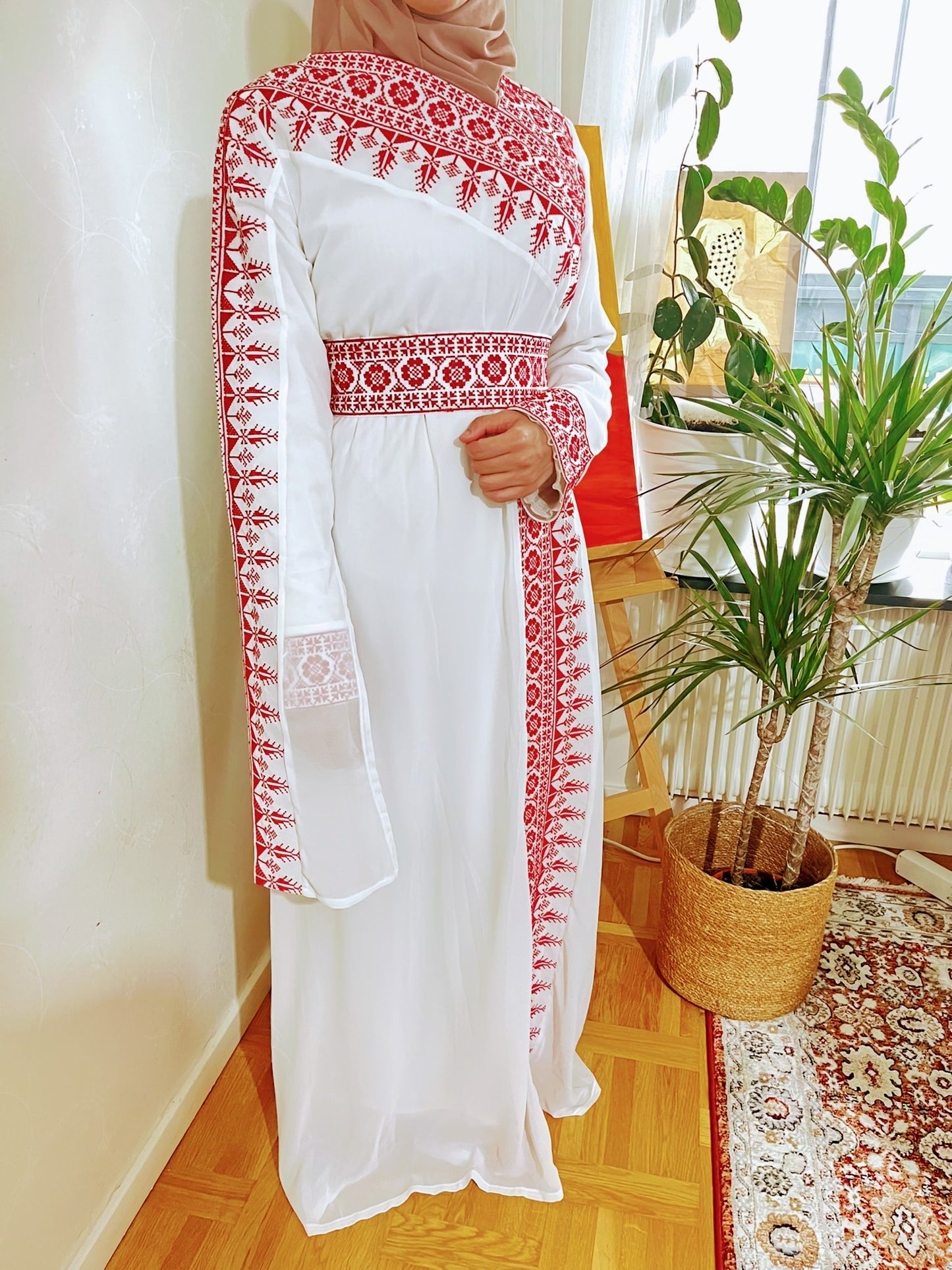 White Dress with red traditional embroidery.